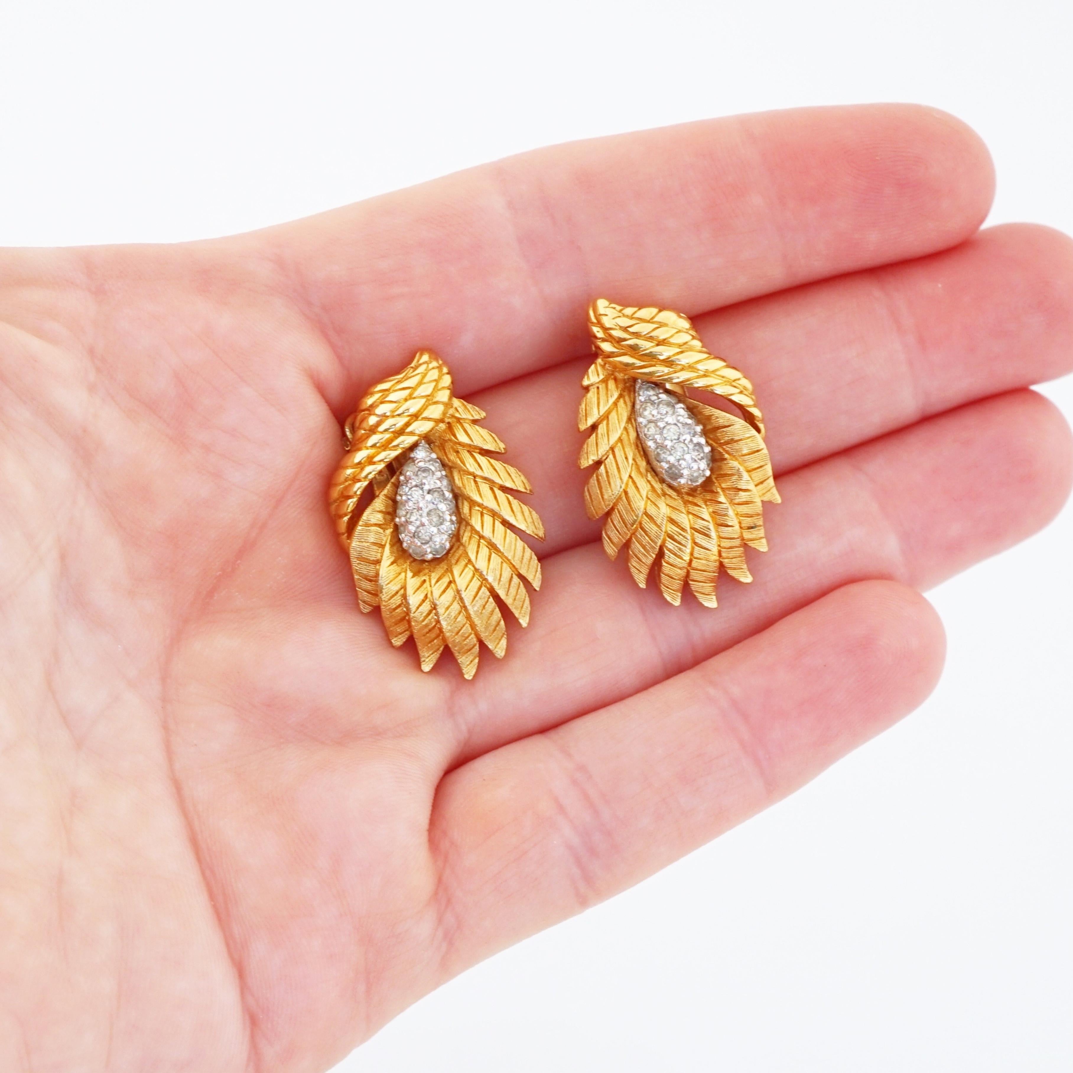 Modern Gilded Spray Earrings With Pavé Details By Jomaz, 1950s