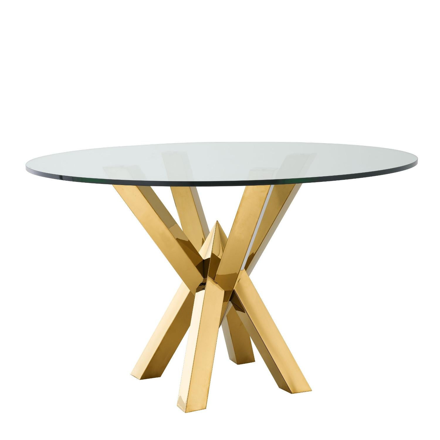 Hollywood Regency Gilded Stainless Steel and Glass Round Dining Pedestal Table For Sale