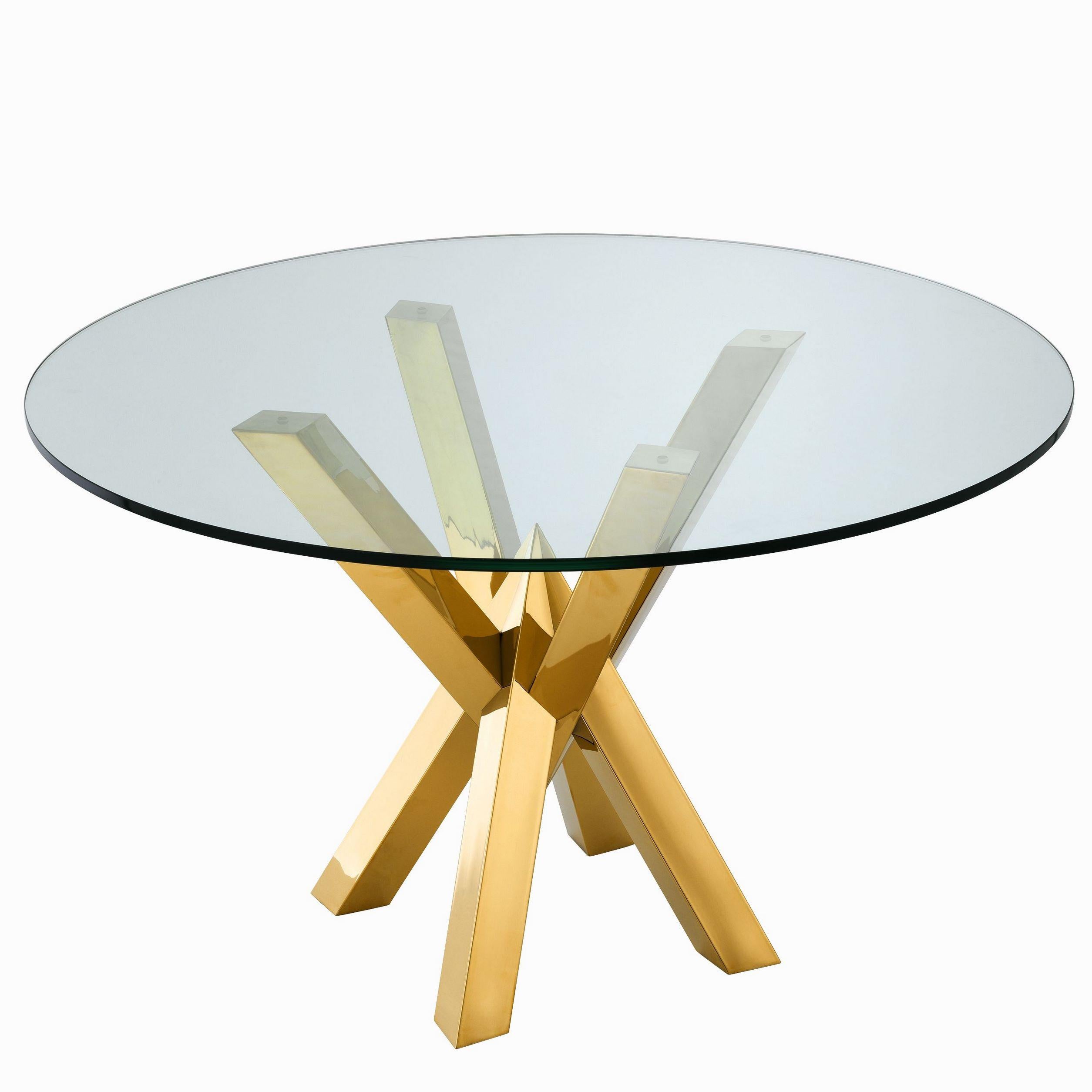 Gilded Stainless Steel and Glass Round Dining Pedestal Table In New Condition For Sale In Tourcoing, FR