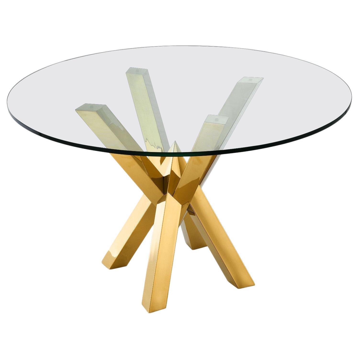 Gilded Stainless Steel and Glass Round Dining Pedestal Table For Sale