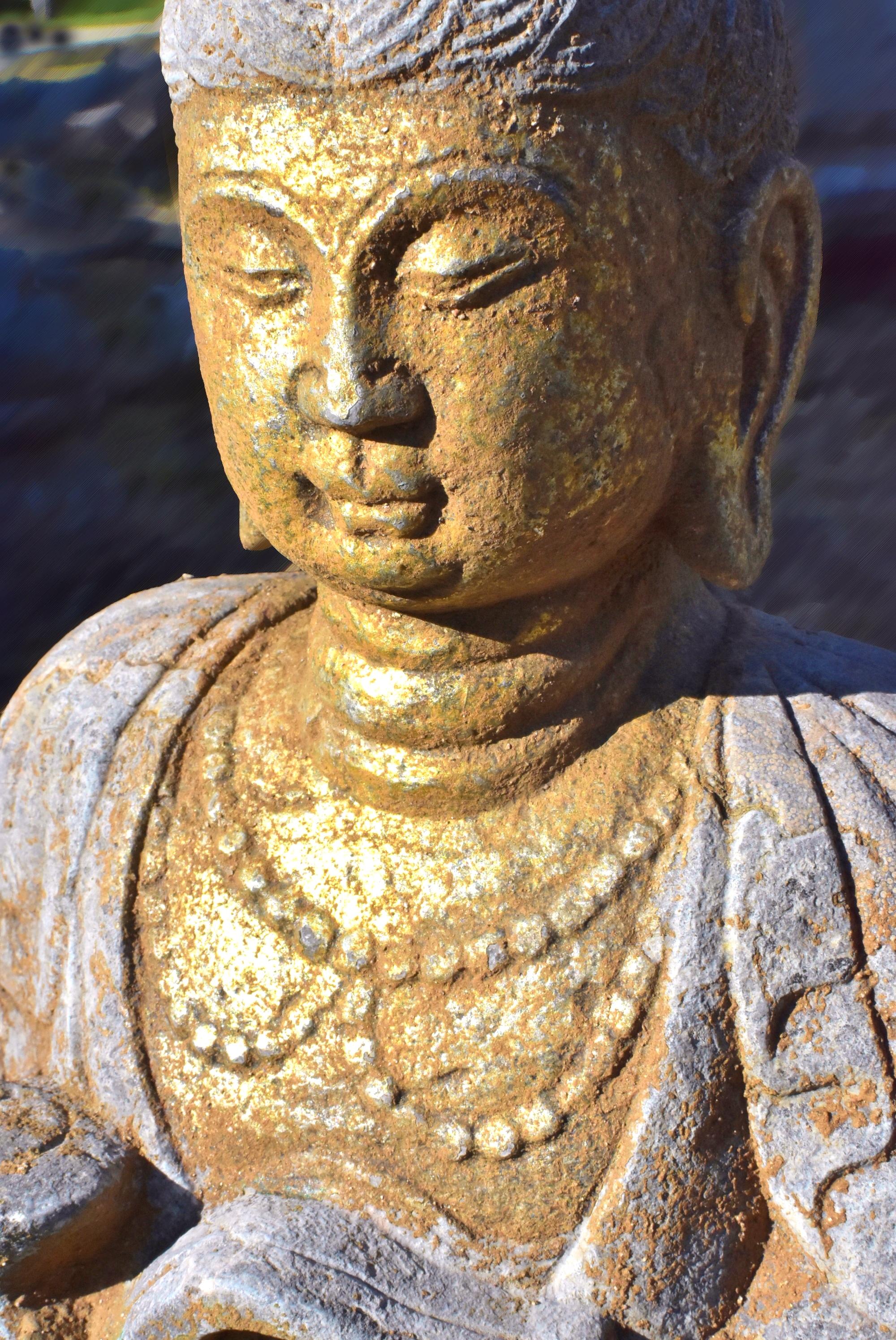Golden Stone Buddha Statue Holding a Ru Yi in Tang Style 6