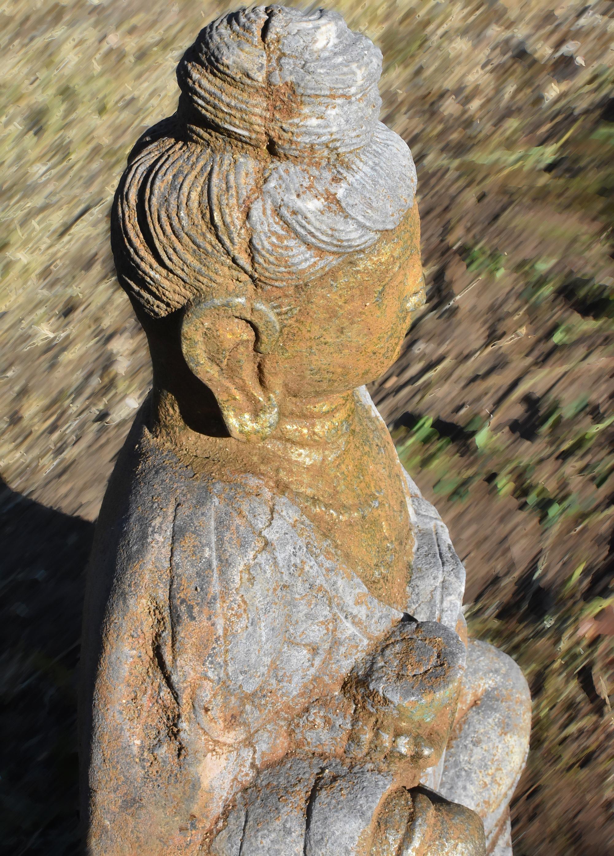 Chinese Golden Stone Buddha Statue Holding a Ru Yi in Tang Style
