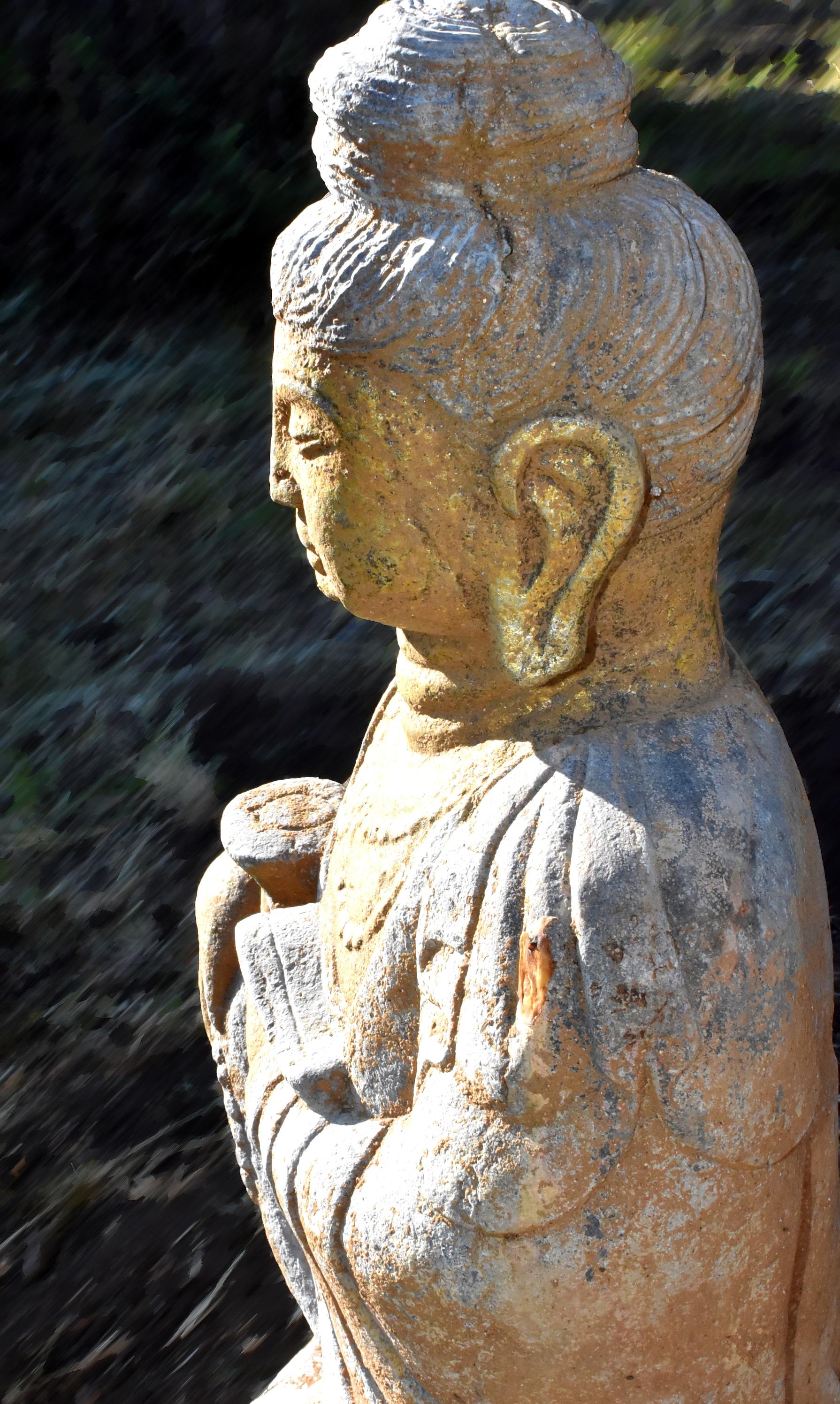 Hand-Carved Golden Stone Buddha Statue Holding a Ru Yi in Tang Style