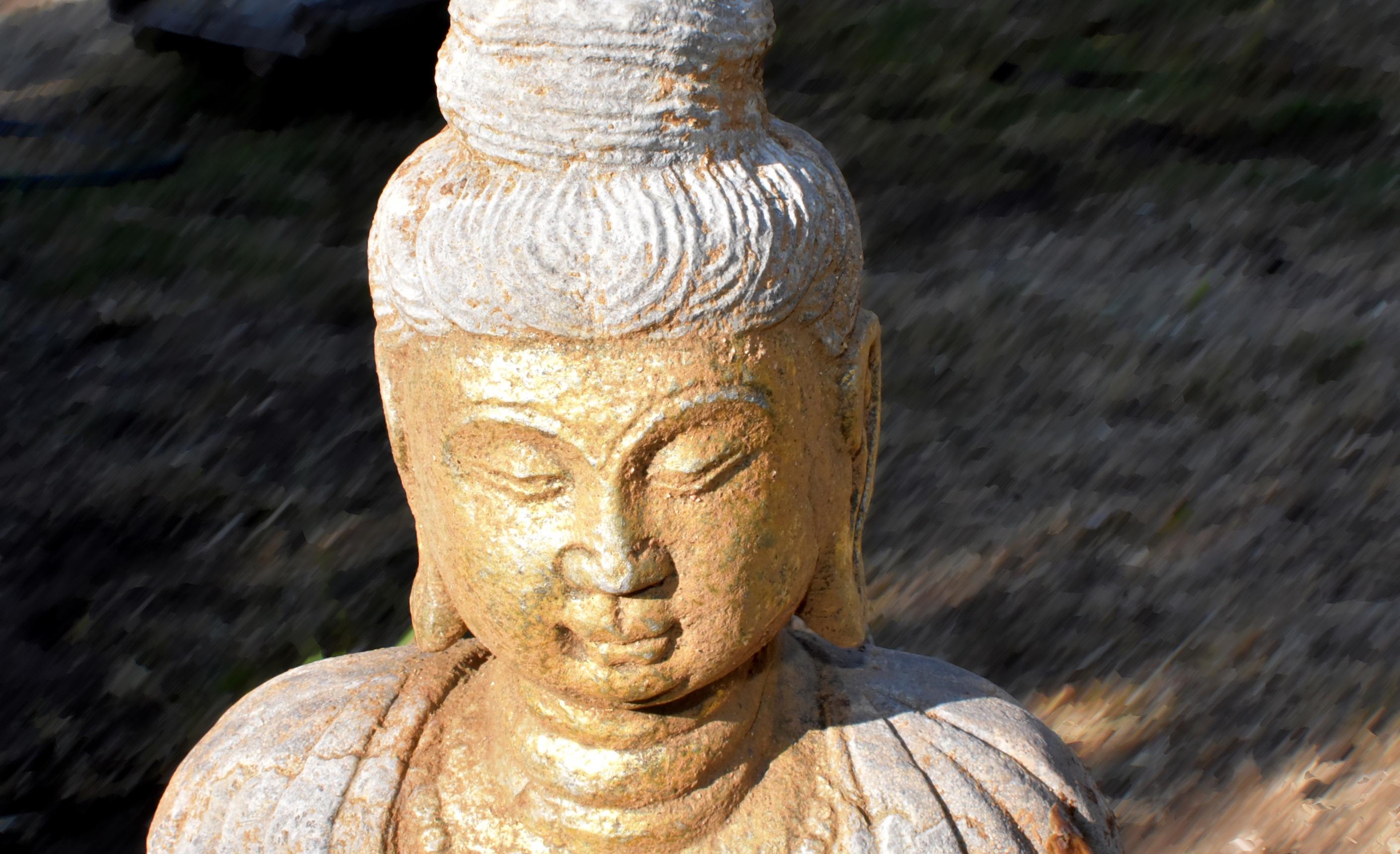 Golden Stone Buddha Statue Holding a Ru Yi in Tang Style In Good Condition In Somis, CA