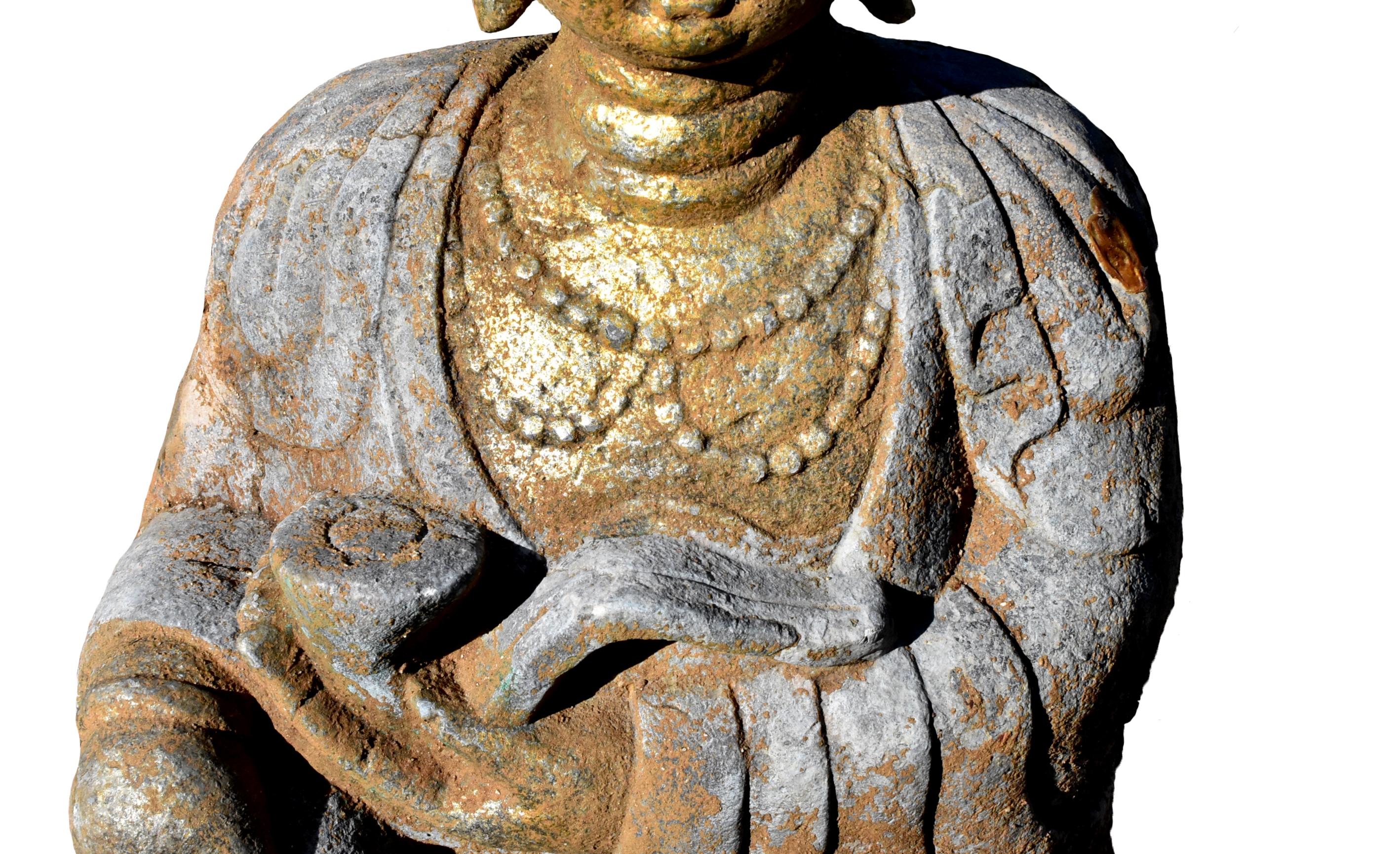 20th Century Golden Stone Buddha Statue Holding a Ru Yi in Tang Style