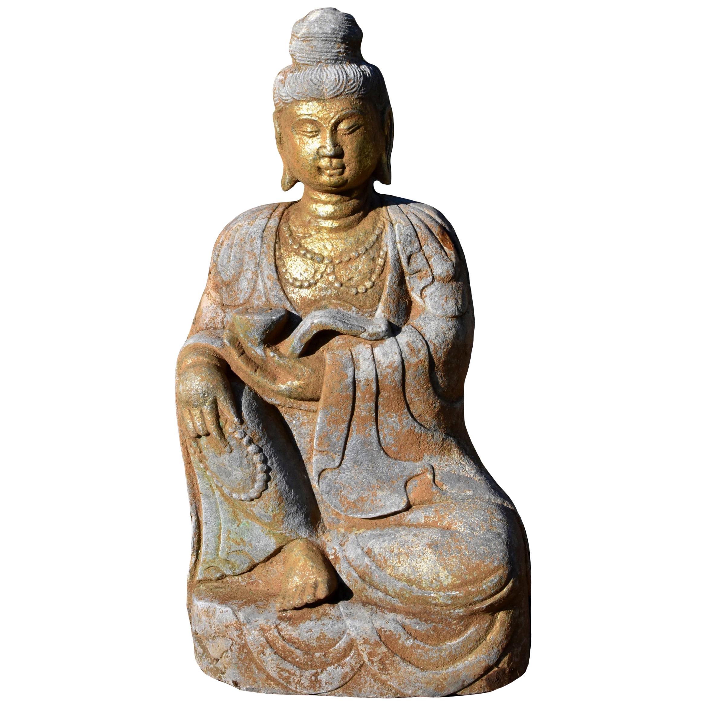 Golden Stone Buddha Statue Holding a Ru Yi in Tang Style