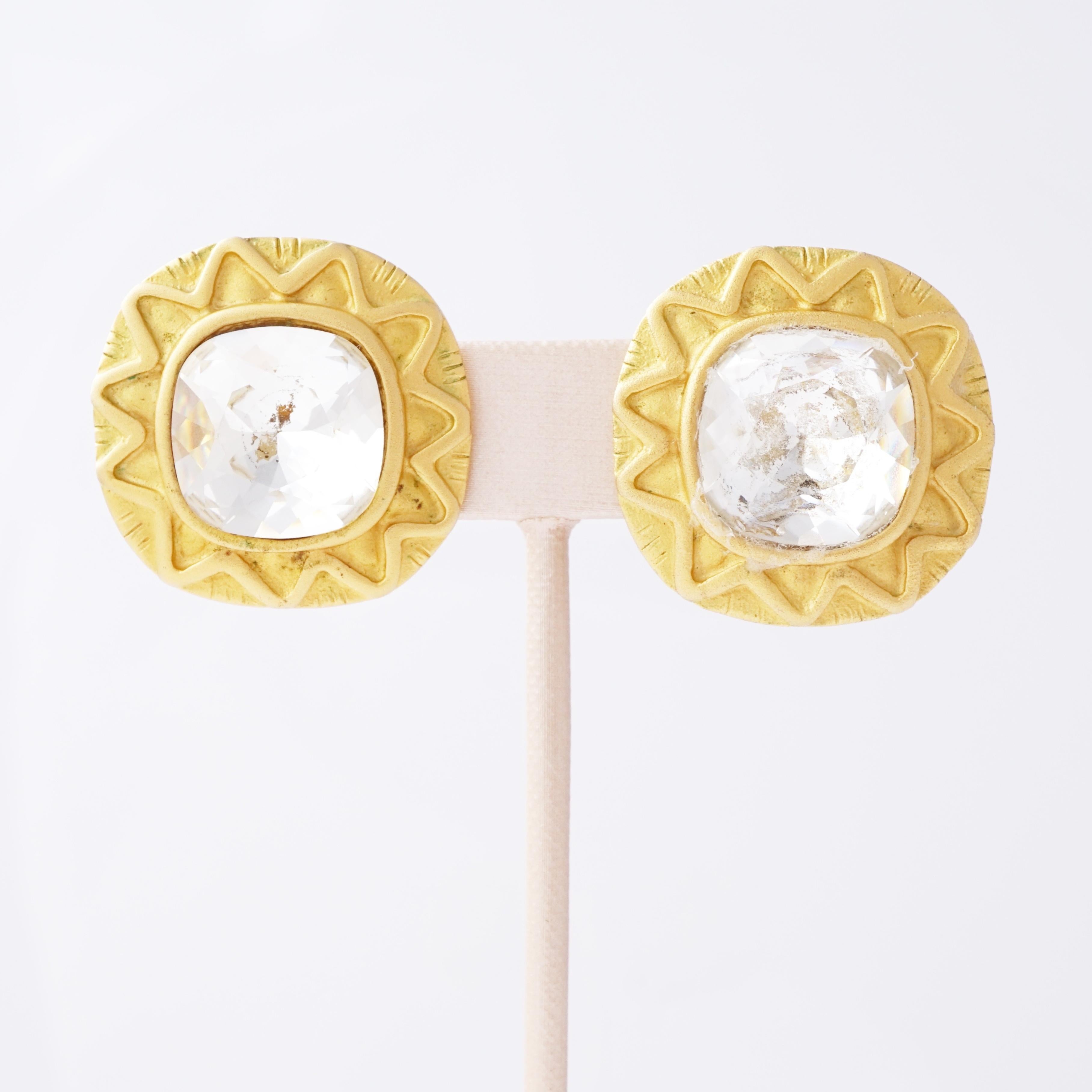 Modern Gilded Sunburst Earrings With Extra Large Crystals By Leslie Block, 1980s For Sale