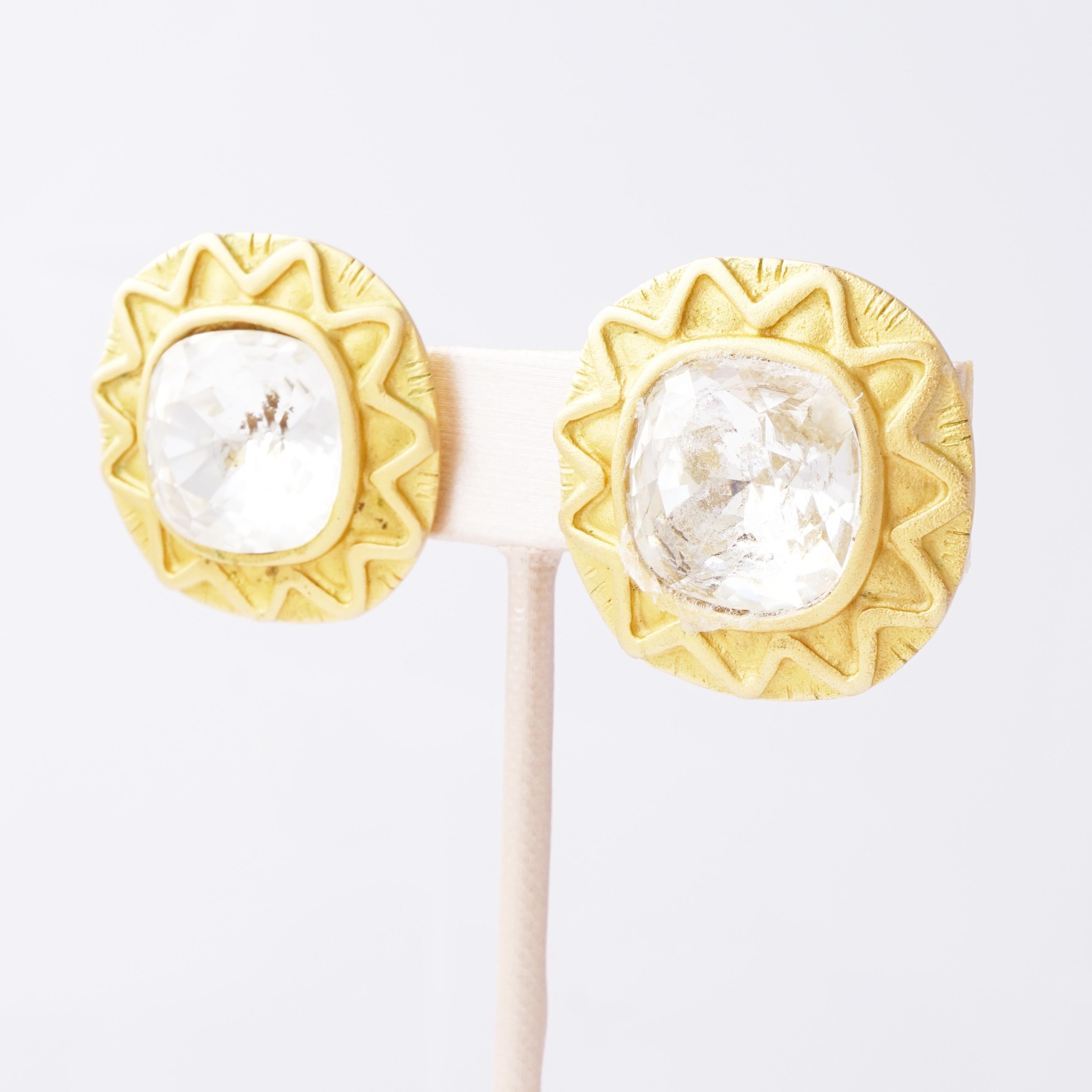 Gilded Sunburst Earrings With Extra Large Crystals By Leslie Block, 1980s In Good Condition For Sale In McKinney, TX