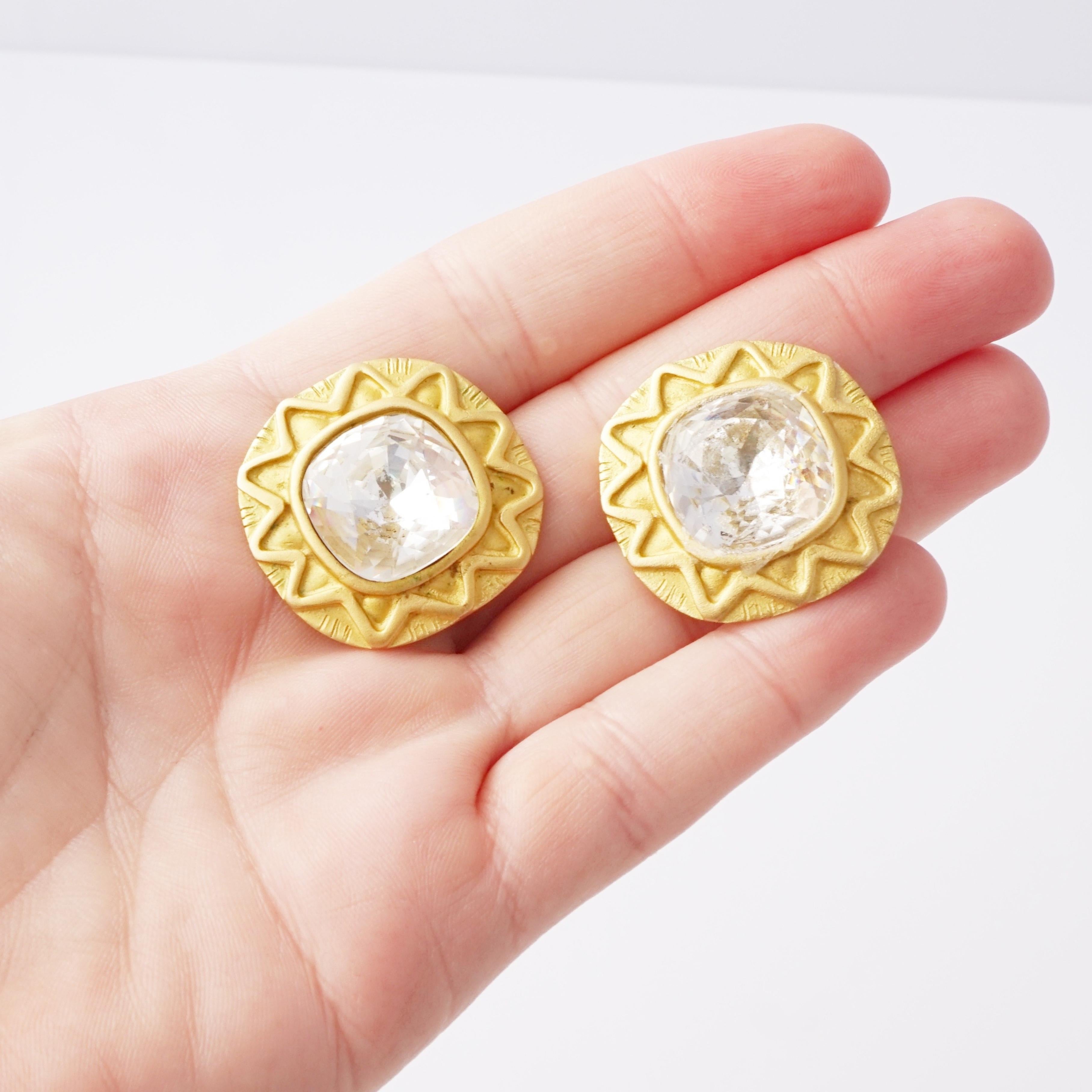 Gilded Sunburst Earrings With Extra Large Crystals By Leslie Block, 1980s For Sale 2