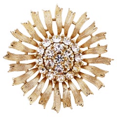 Gilded Sunflower Figural Brooch With Crystal Pavé By Lisner, 1950s