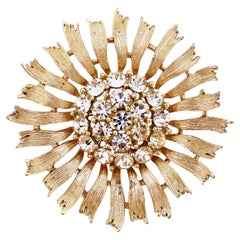 Gilded Sunflower Figural Brooch With Crystal Pavé By Lisner, 1950s