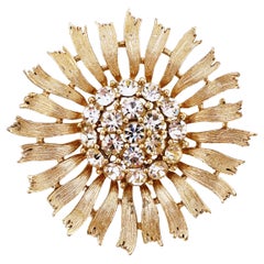 Retro Gilded Sunflower Figural Brooch With Crystal Pavé By Lisner, 1950s