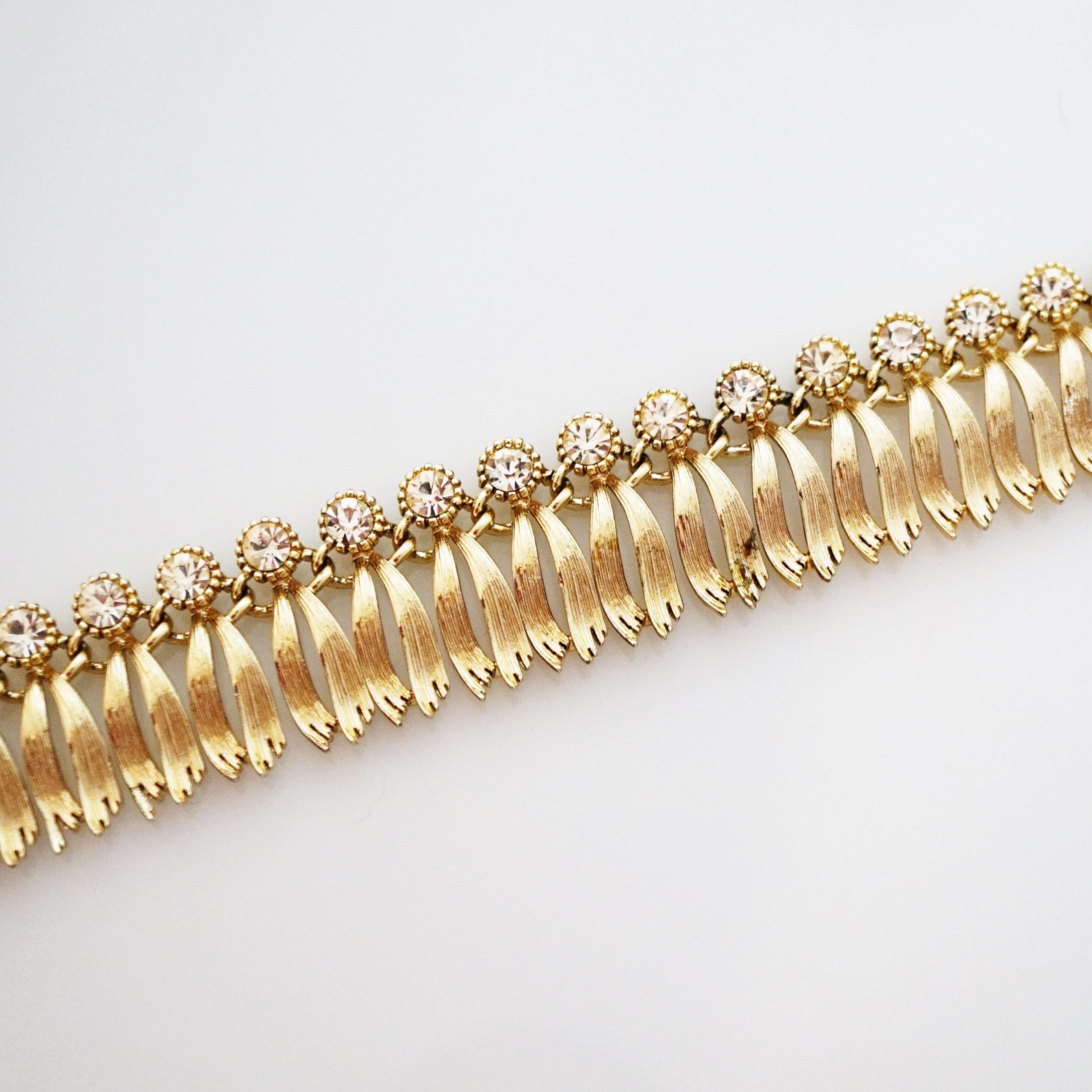 Modern Gilded Sunflower Petal Necklace With Crystal Accents By Lisner, 1950s