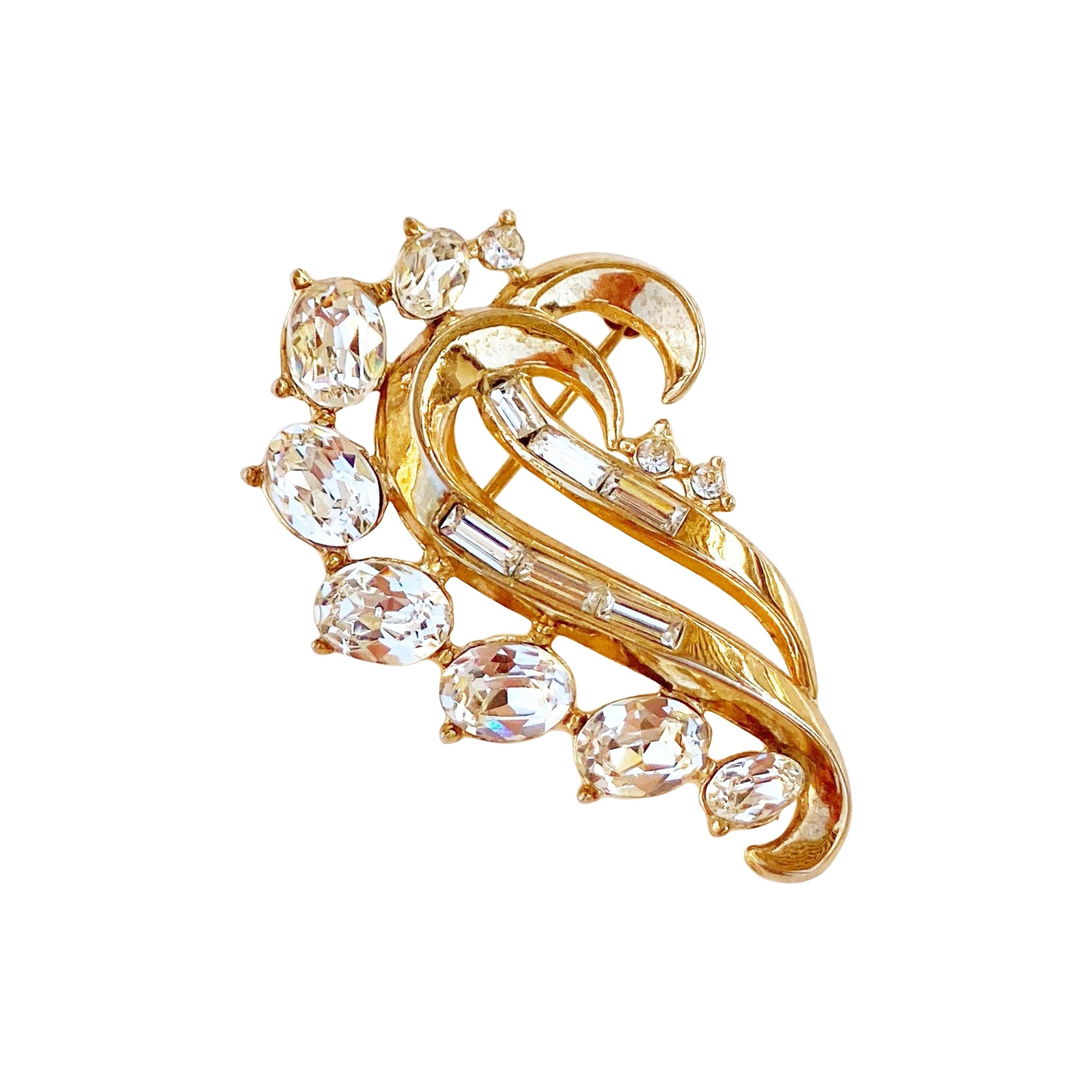 Gilded Swirl Brooch With Crystals By Alfred Philippe For Crown Trifari, 1953