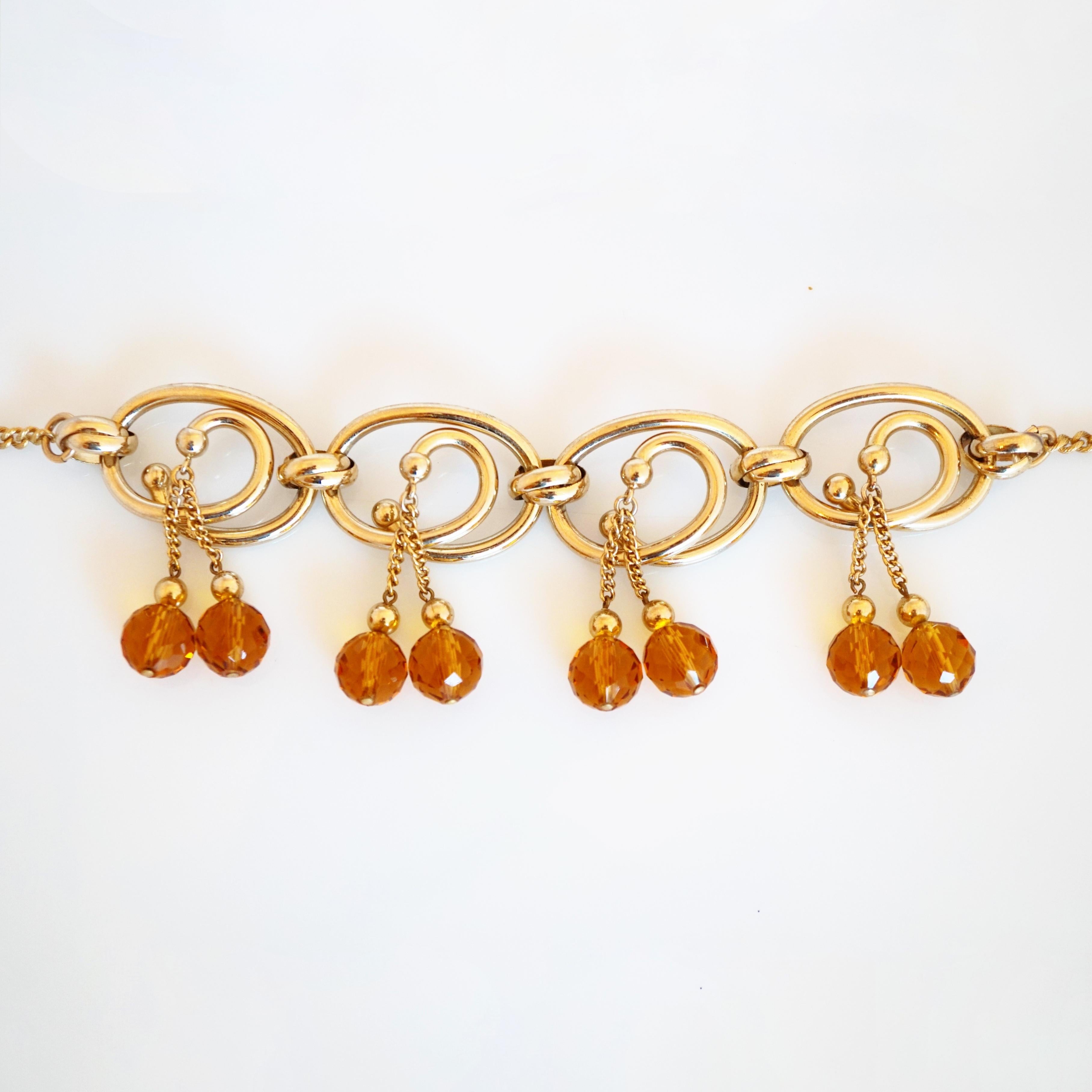 Modern Gilded Swirl Link Choker Necklace With Amber Bead Dangles By Napier, 1950s For Sale