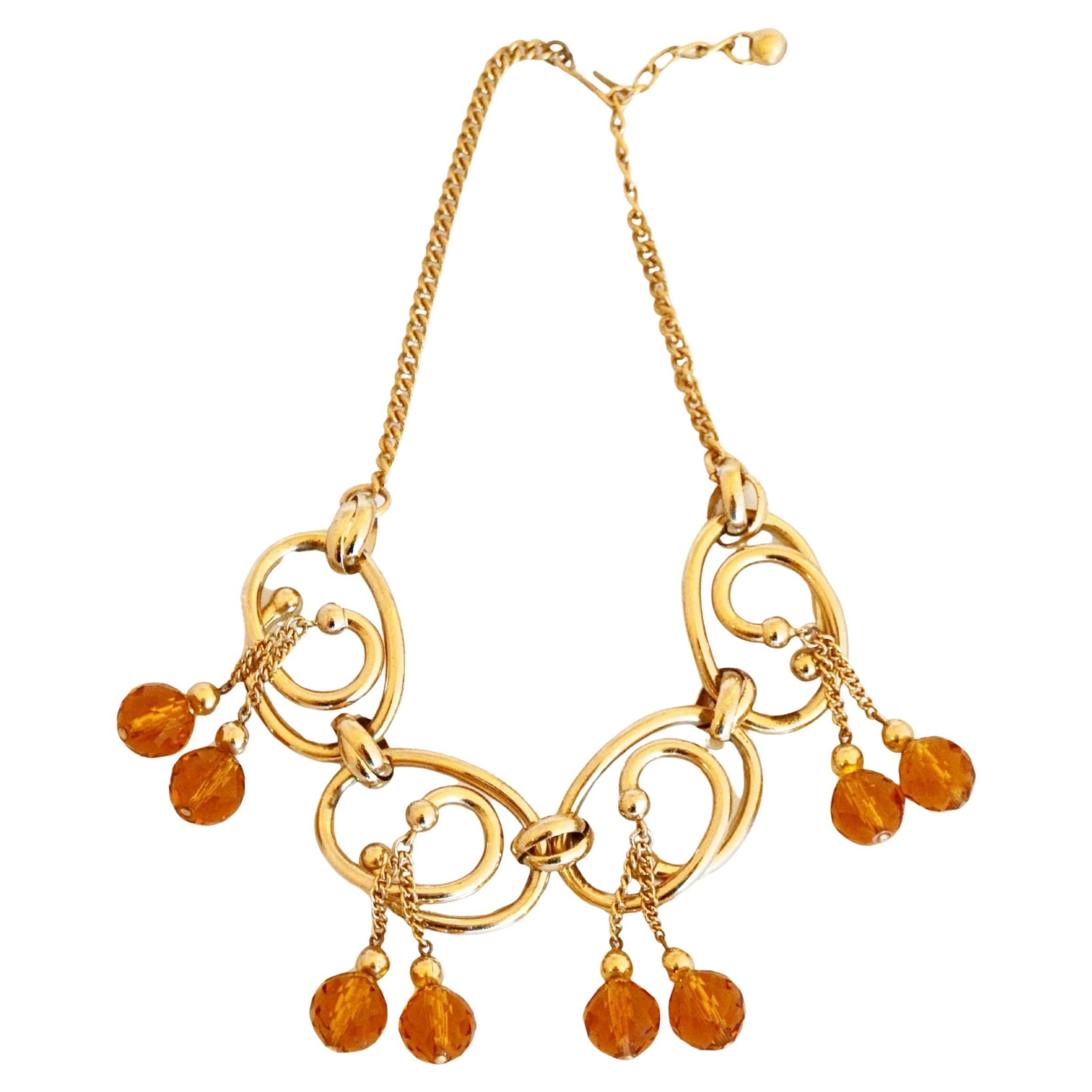 Gilded Swirl Link Choker Necklace With Amber Bead Dangles By Napier, 1950s For Sale
