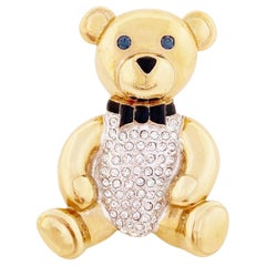 Gilded Teddy Bear Figural Brooch With Rhinestone Pavé By Carolee, 1990s