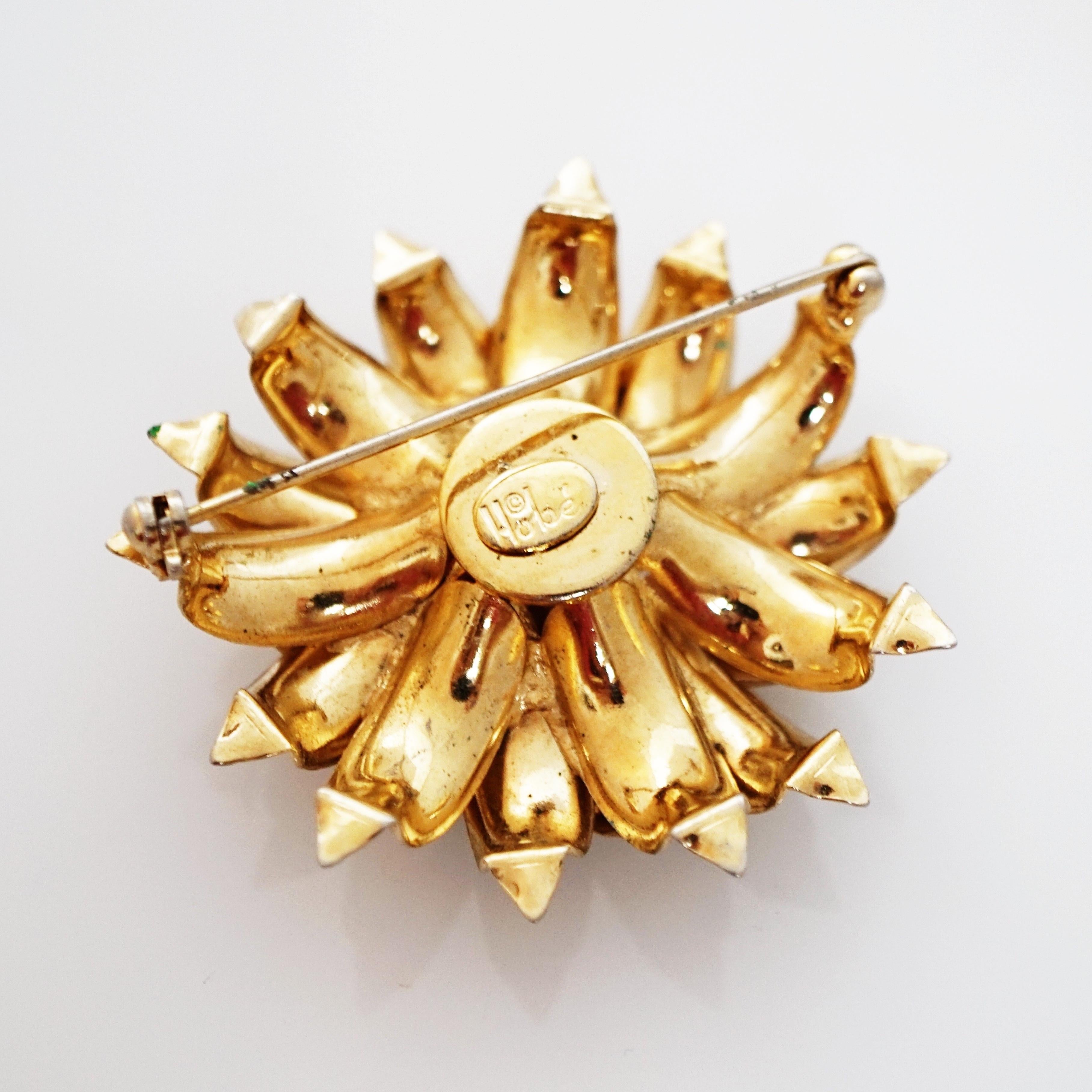 Modern Gilded Three Dimensional Layered Flower Figural Brooch By Hobé, 1950s For Sale