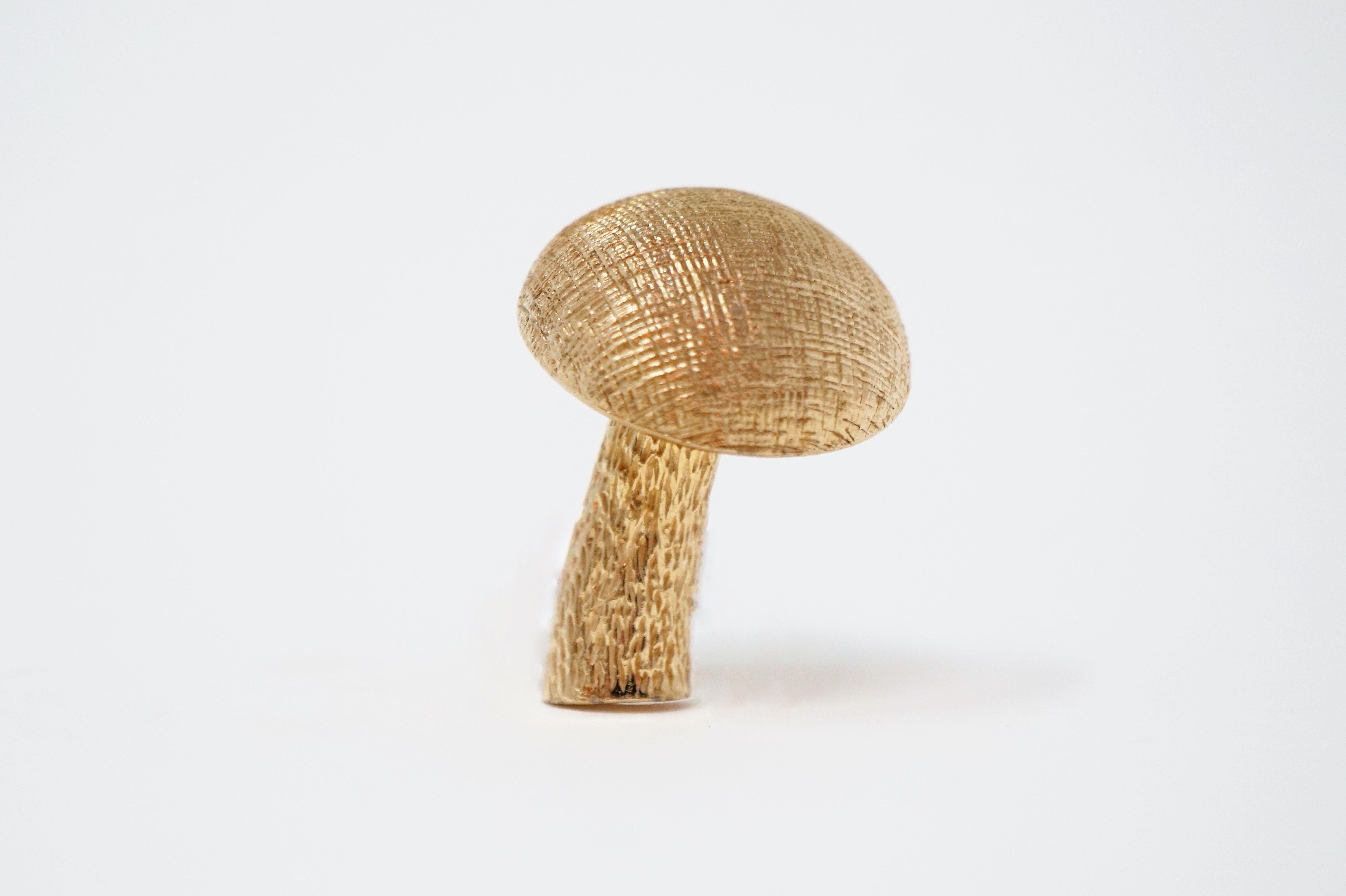 This rare and adorable mushroom brooch by iconic costume jewelry brand, Castlecliff, is a wonderfully whimsical treasure from the 1950s!  The brushed mushroom cap and textured stem are covered in gold-plating, with the piece standing at about one
