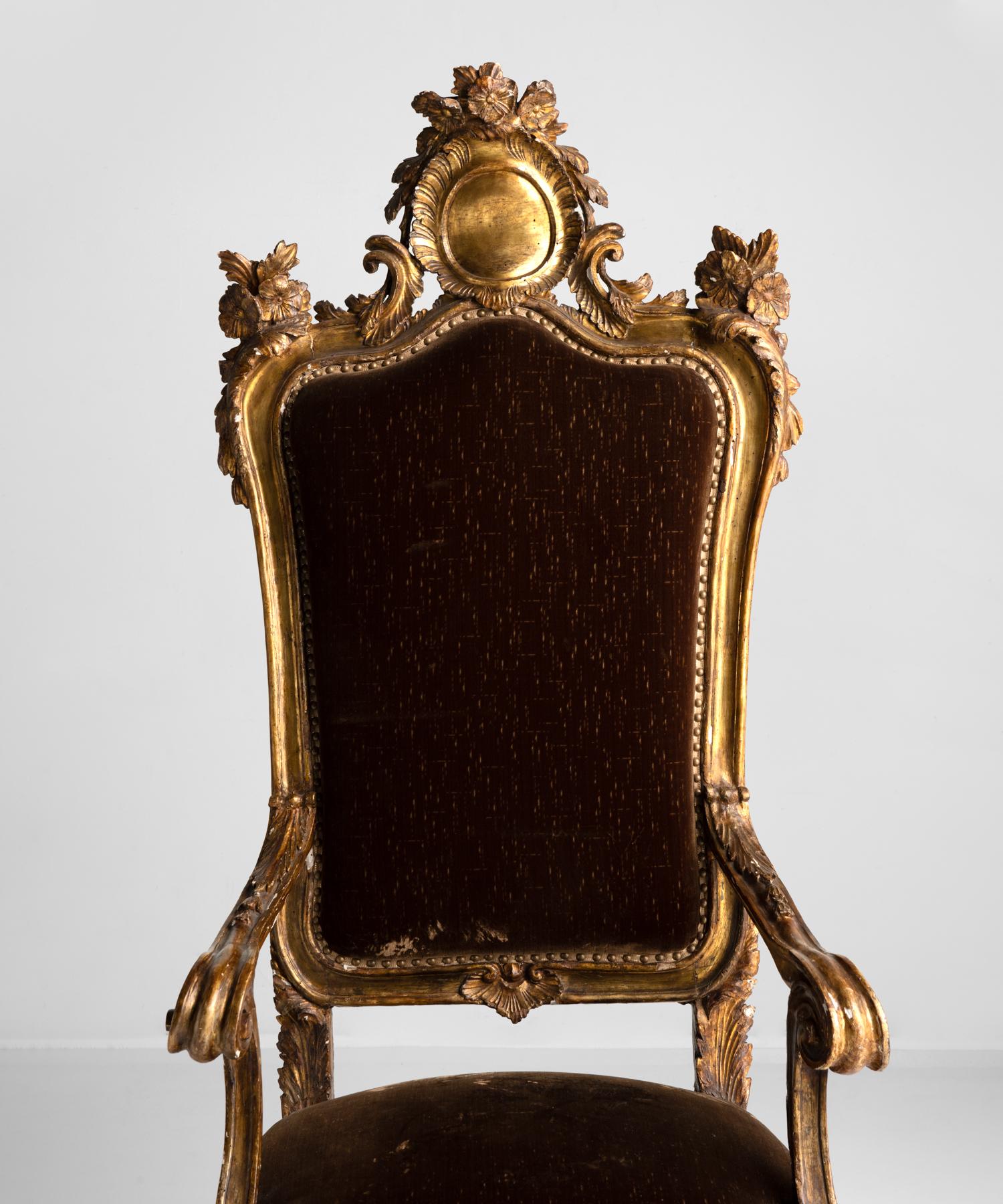 Gilded Throne Chair, Italy, 18th Century

Large scale with original, distressed velvet, gilded paint and amazing detailing throughout.