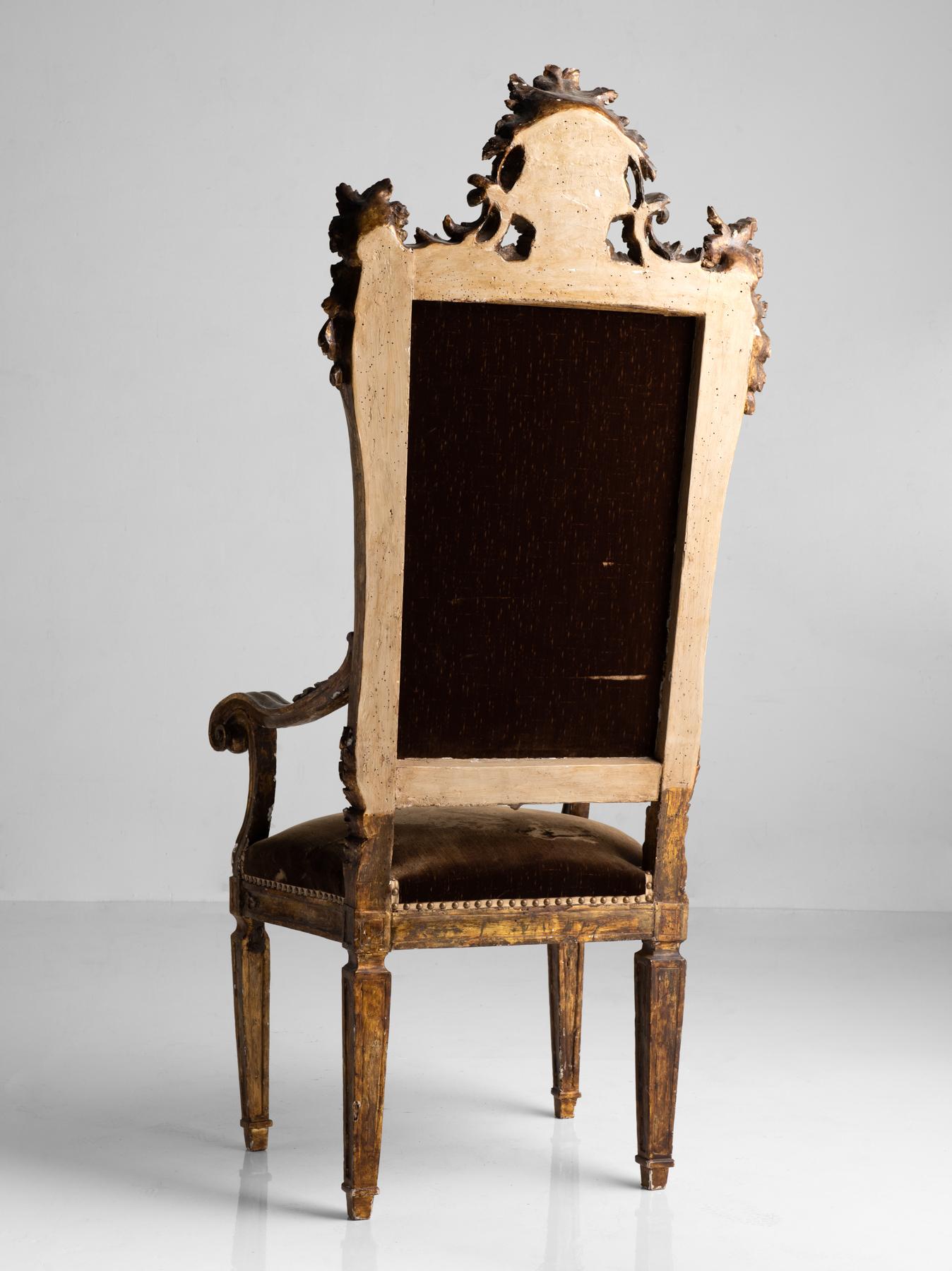 Velvet Gilded Throne Chair, Italy, 18th Century