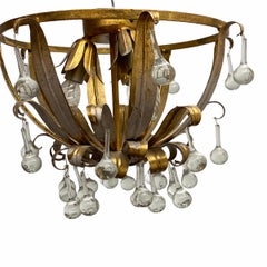 Gilded Tole Hollywood Regency Flush Mount Crystal Glass Drops, Koegl Leuchten