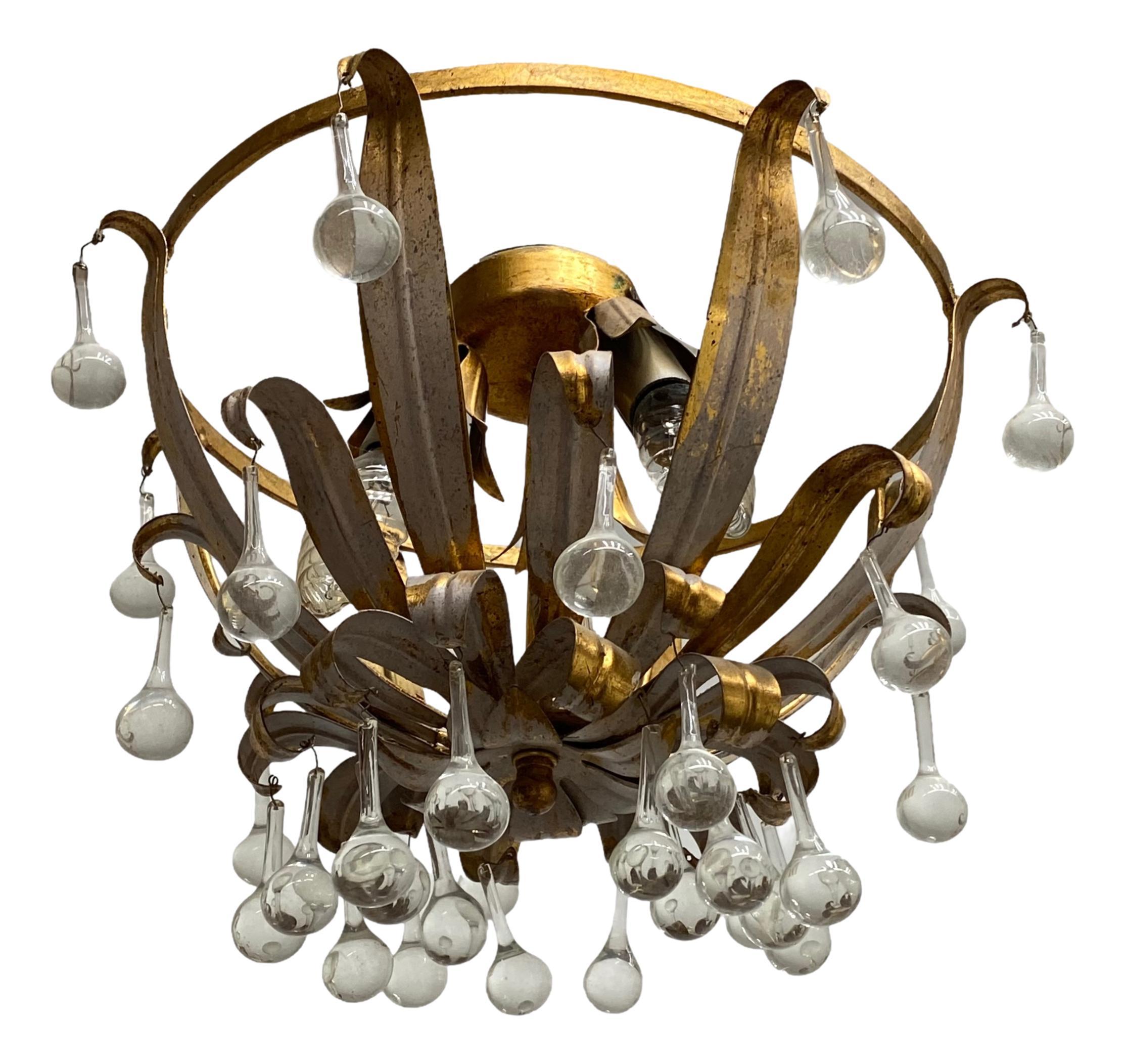 Hand-Crafted Gilded Tole Hollywood Regency Flush Mount Crystal Glass Drops, Koegl Leuchten