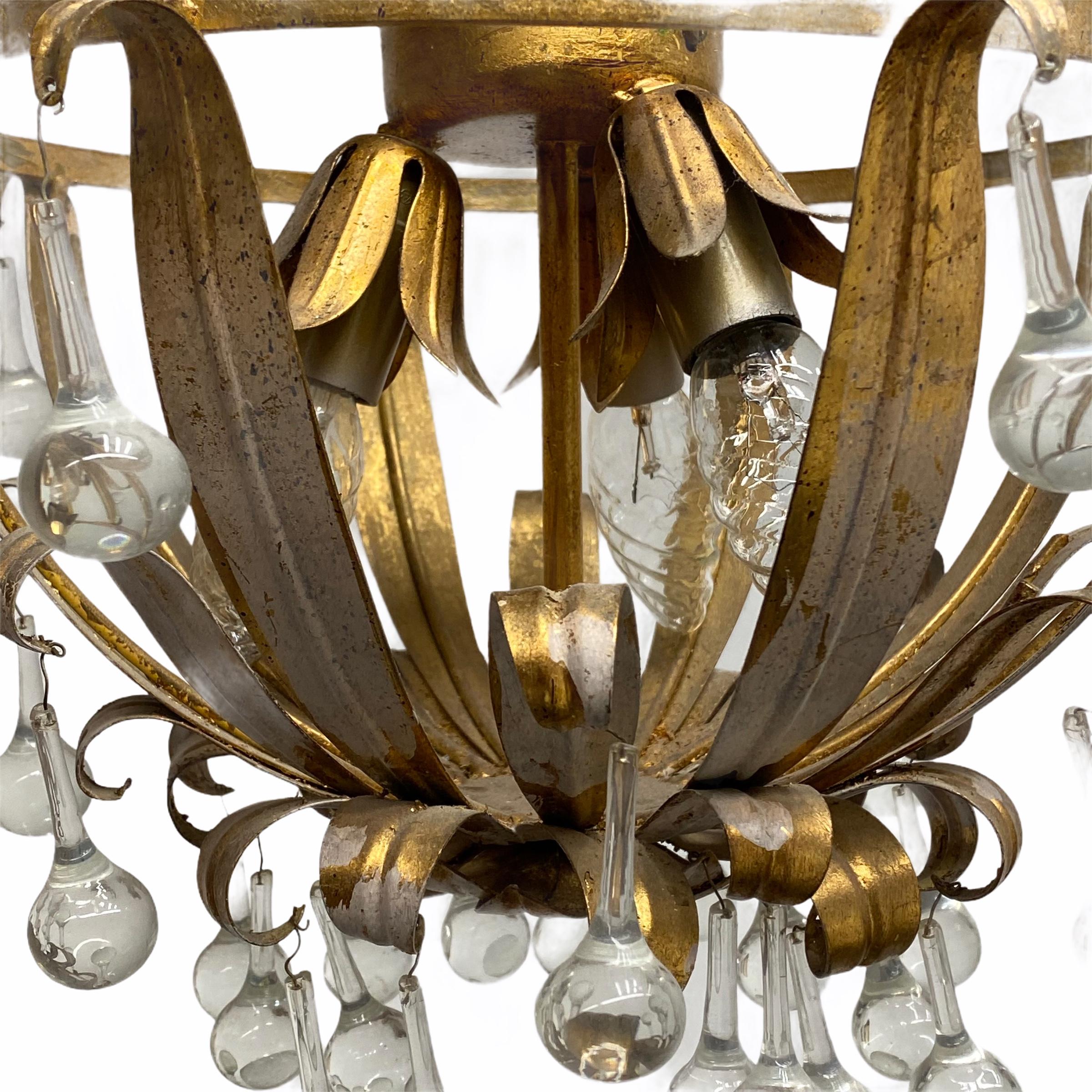 Mid-20th Century Gilded Tole Hollywood Regency Flush Mount Crystal Glass Drops, Koegl Leuchten