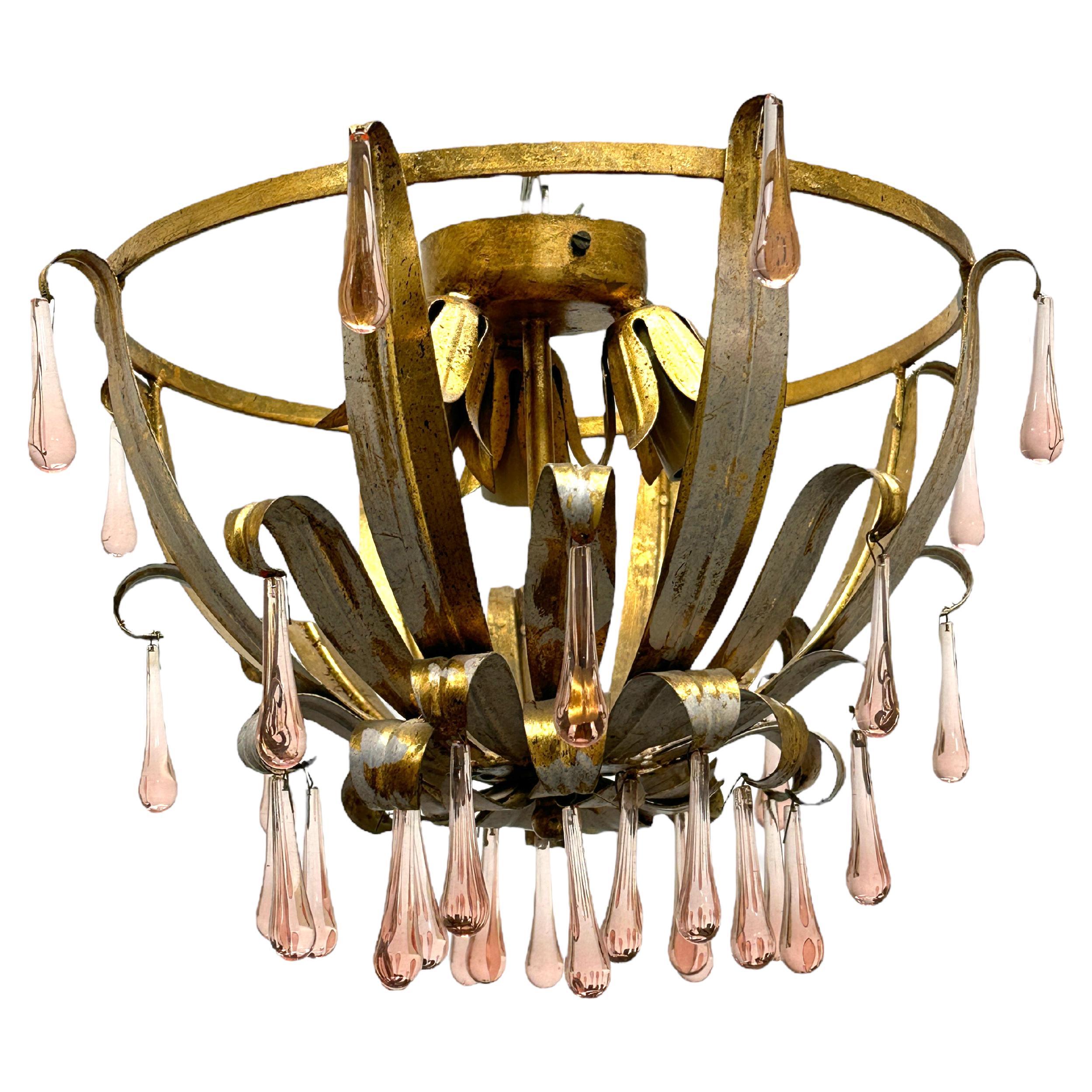 Gilded Tole Hollywood Regency Flush Mount Pink Glass Drops, Vintage Germany For Sale