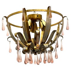 Vergoldete Hollywood-Regency-Tropfen-Einbaubeleuchtung aus rosa Glas, Vintage, Deutschland
