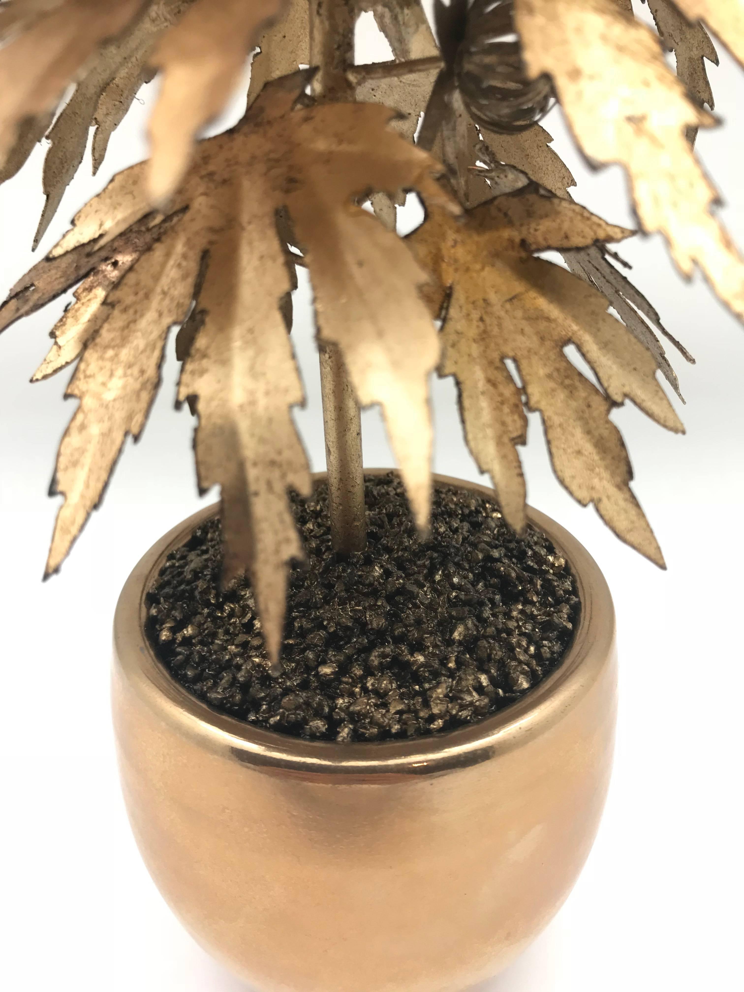 Park Avenue pot plant! Beautifully gilded tole marijuana or cannabis plant in a silvered ceramic pot with several large buds.