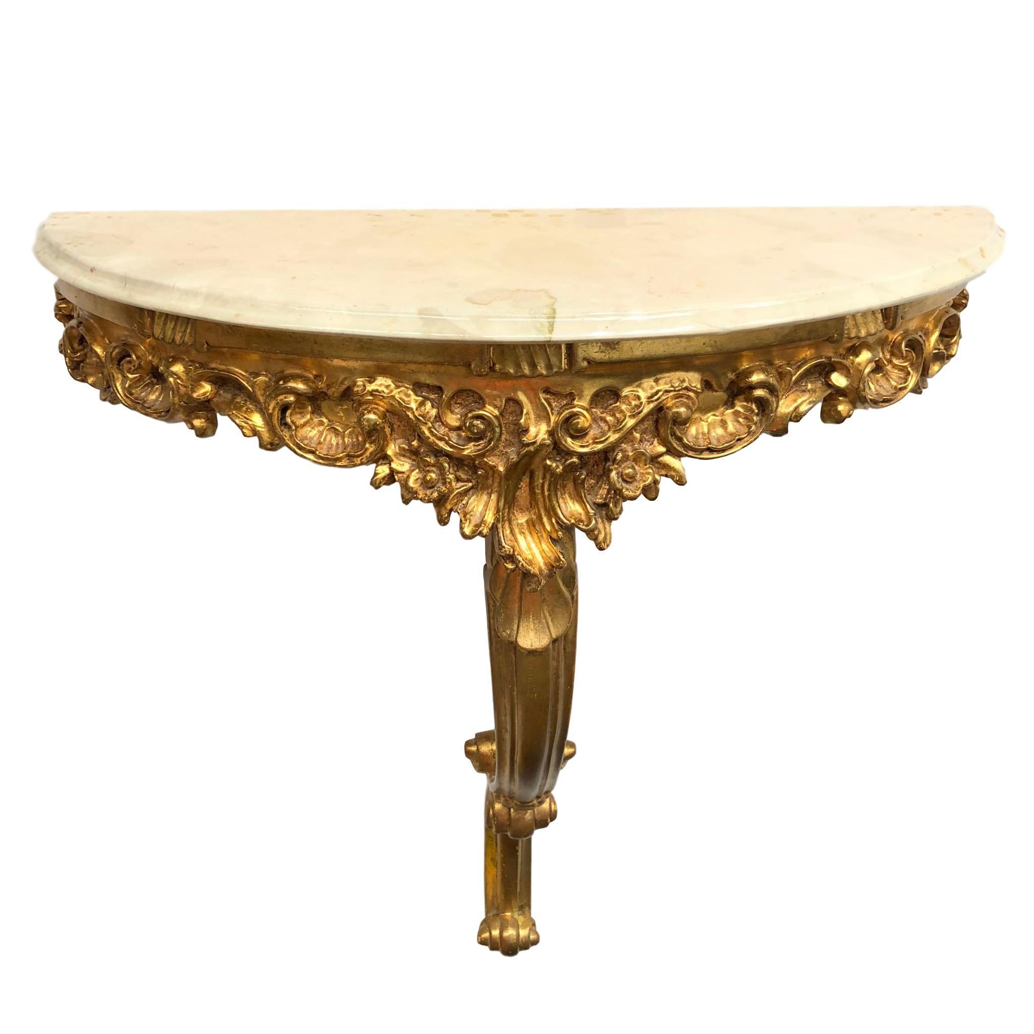 Mid-Century Modern Gilded Toleware Wall Mount Console Hollywood Regency Style, Marble Plate Vintage