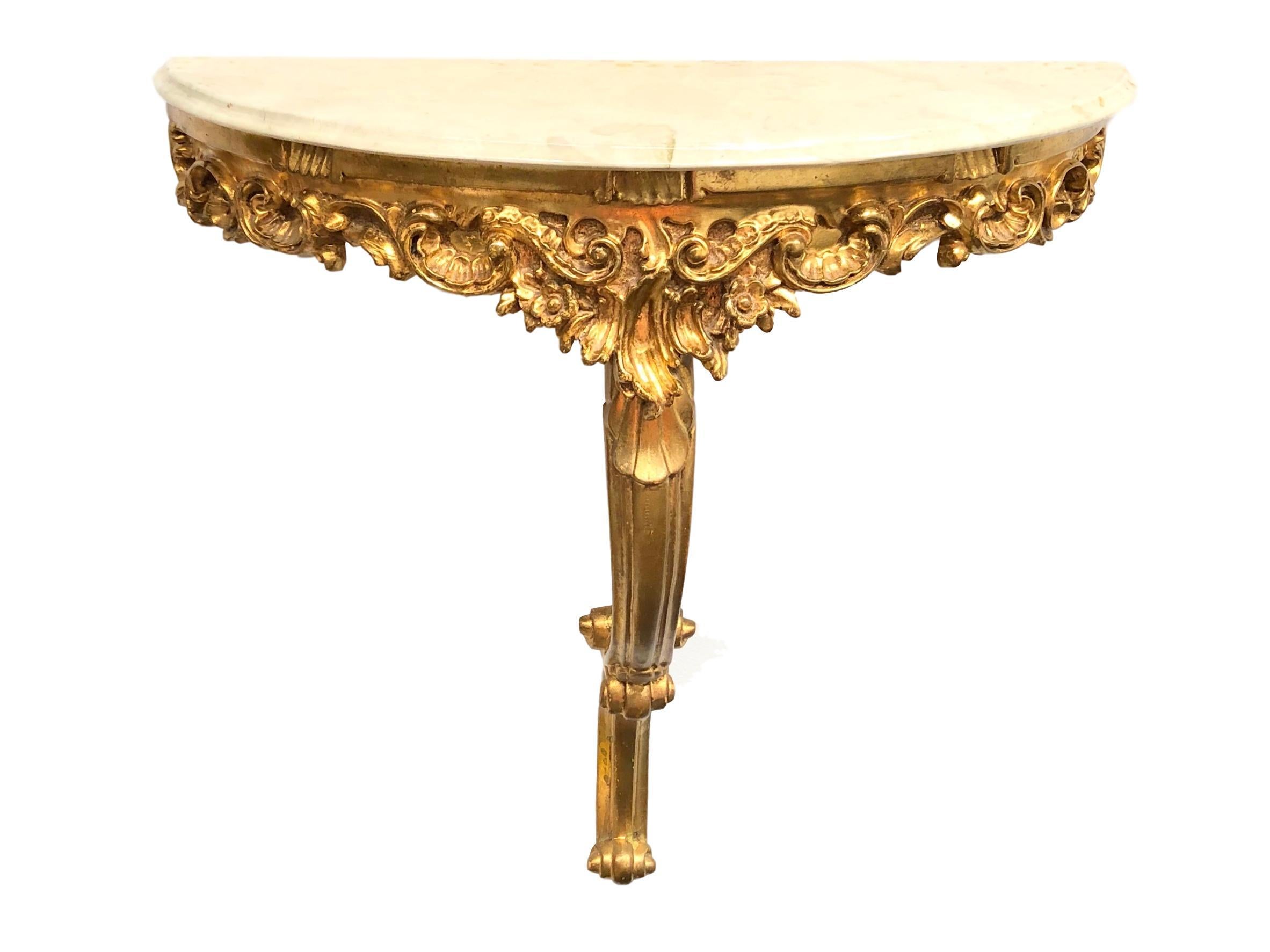 Mid-20th Century Gilded Toleware Wall Mount Console Hollywood Regency Style, Marble Plate Vintage