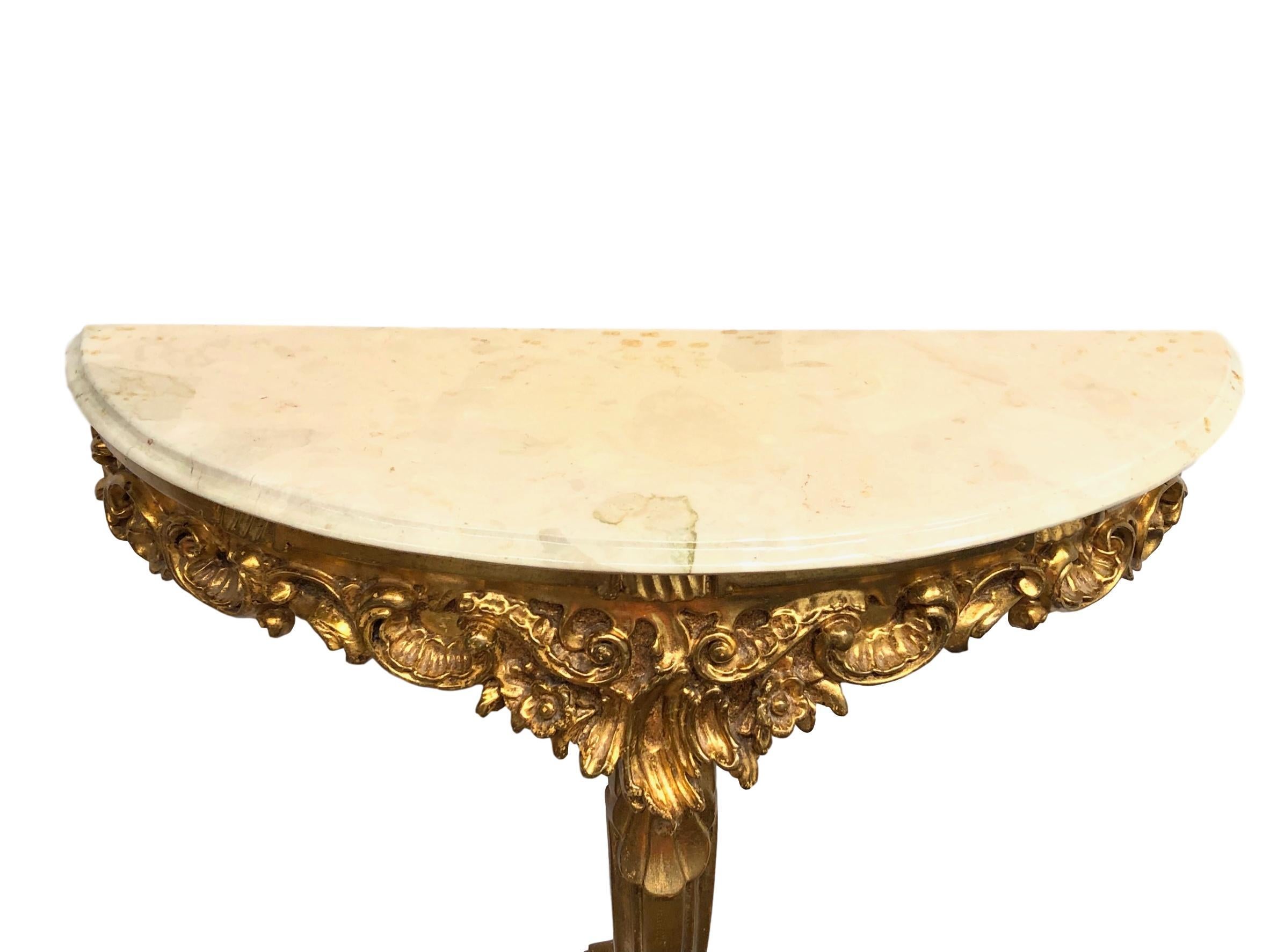 Wood Gilded Toleware Wall Mount Console Hollywood Regency Style, Marble Plate Vintage