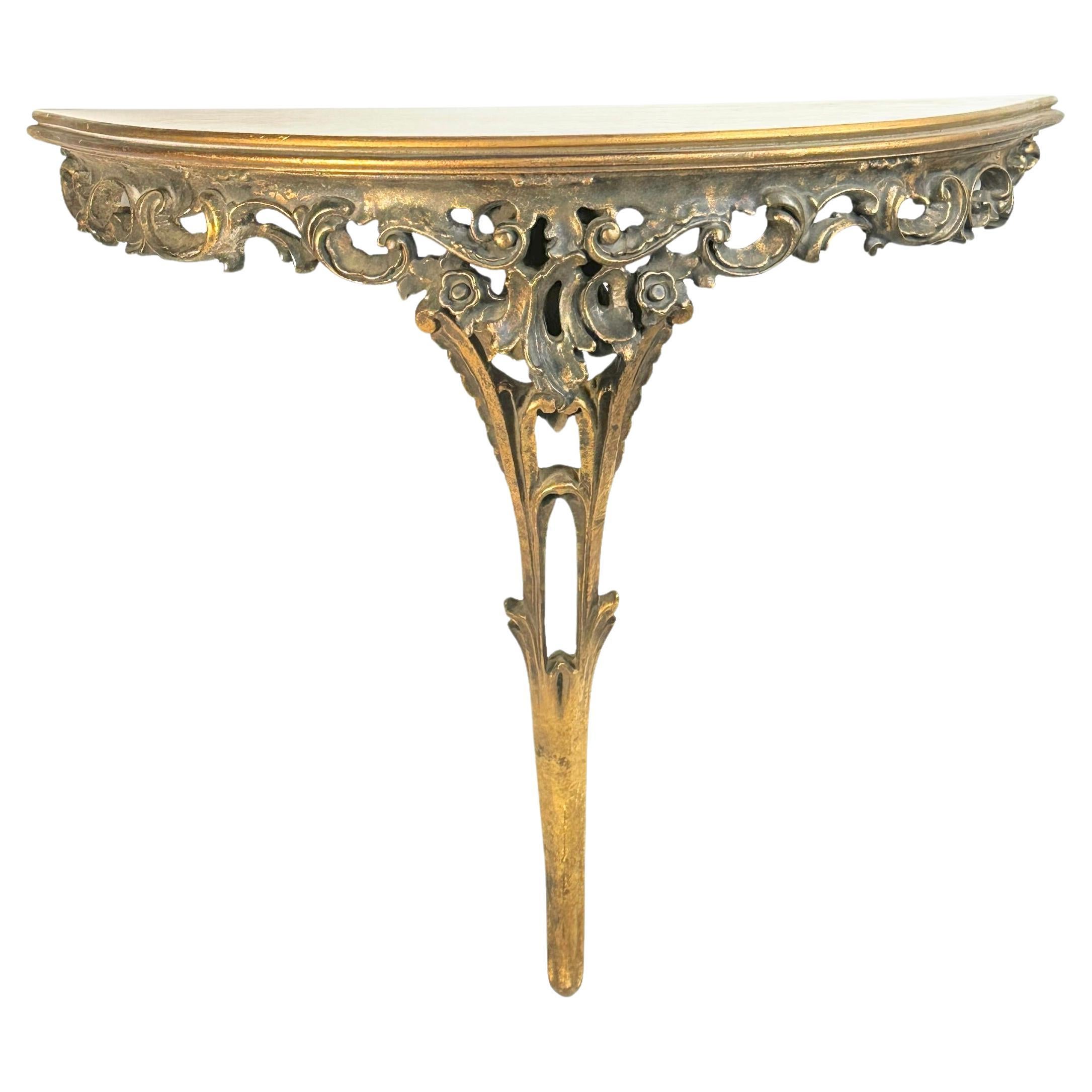 Gilded Toleware Wall Mount Console Hollywood Regency Style, Vintage Italy 1960s