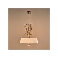Gilded Tulips Pendant Light, Hollywood Regency, Gilt Metal & Crystal