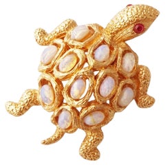 Gilded Turtle Brooch With Faux Opals By Panetta, 1960s