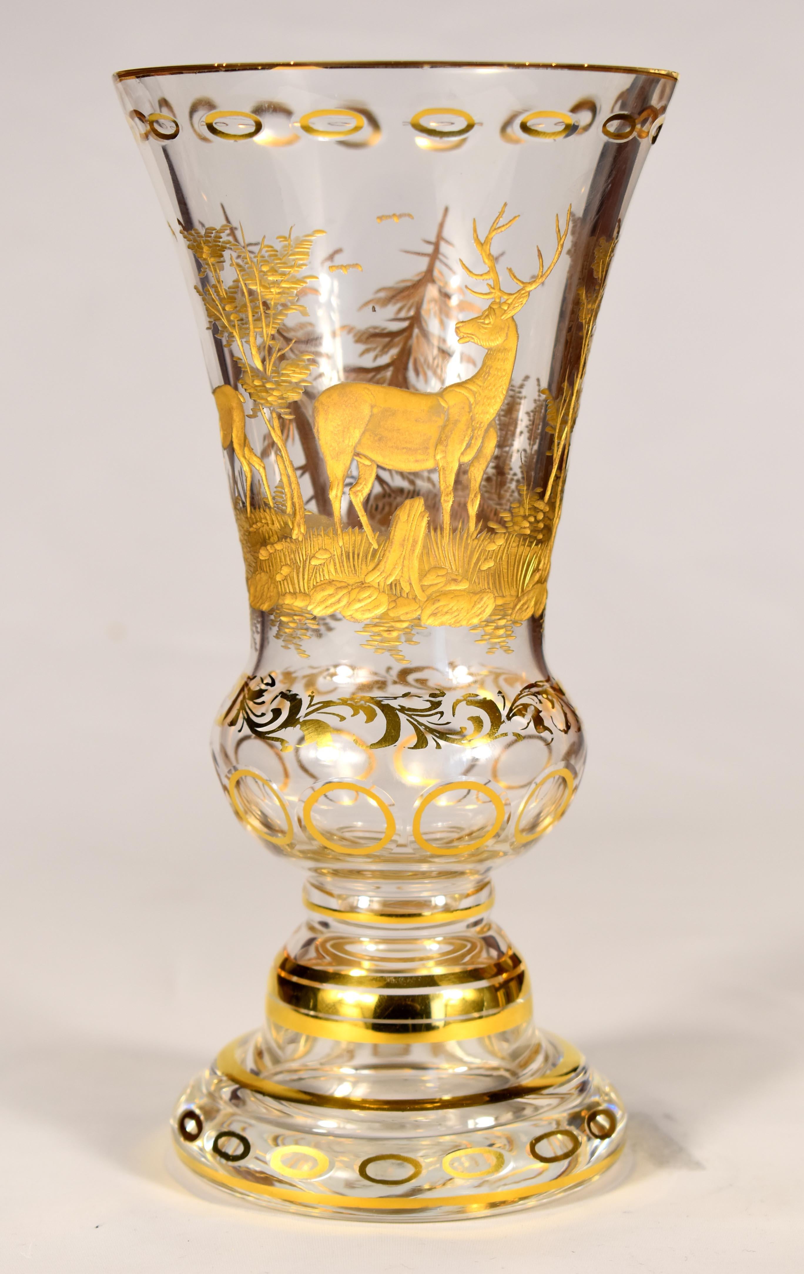 Hand-Crafted Gilded Vase + Two Gilded Glasses - Hunting motif. 20th century For Sale