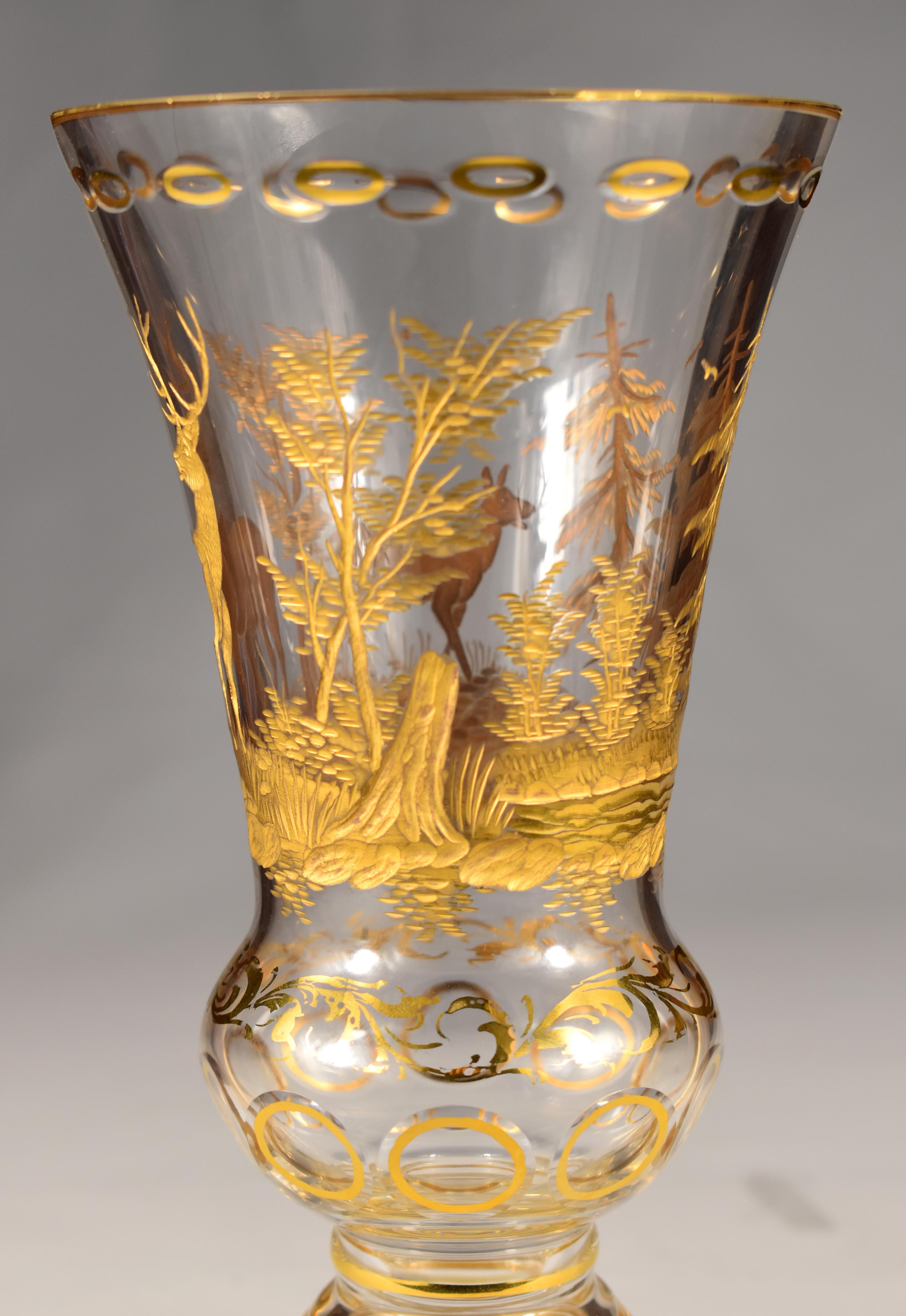 20th Century Gilded Vase + Two Gilded Glasses - Hunting motif. 20th century For Sale