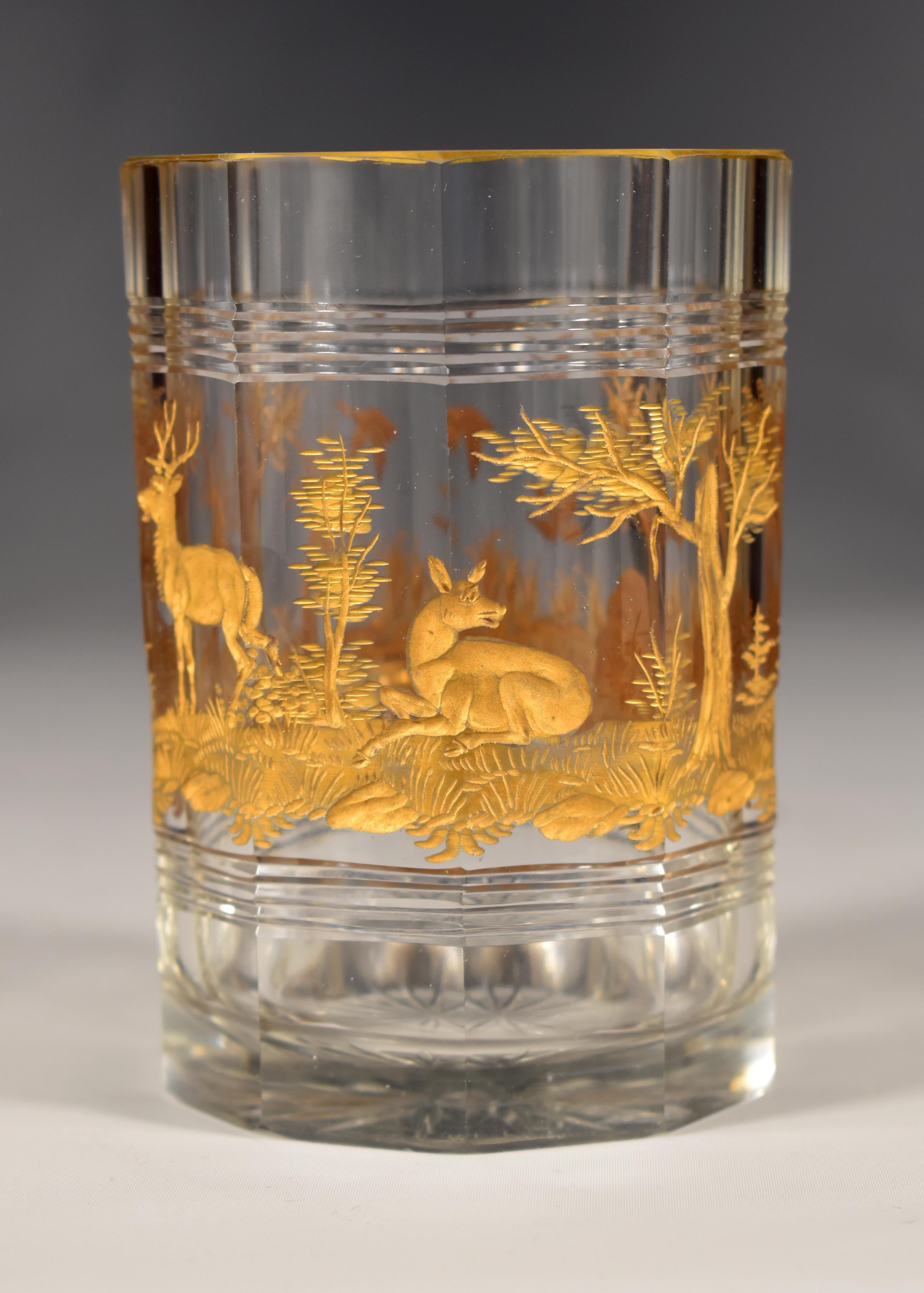 Gilded Vase + Two Gilded Glasses - Hunting motif. 20th century For Sale 3