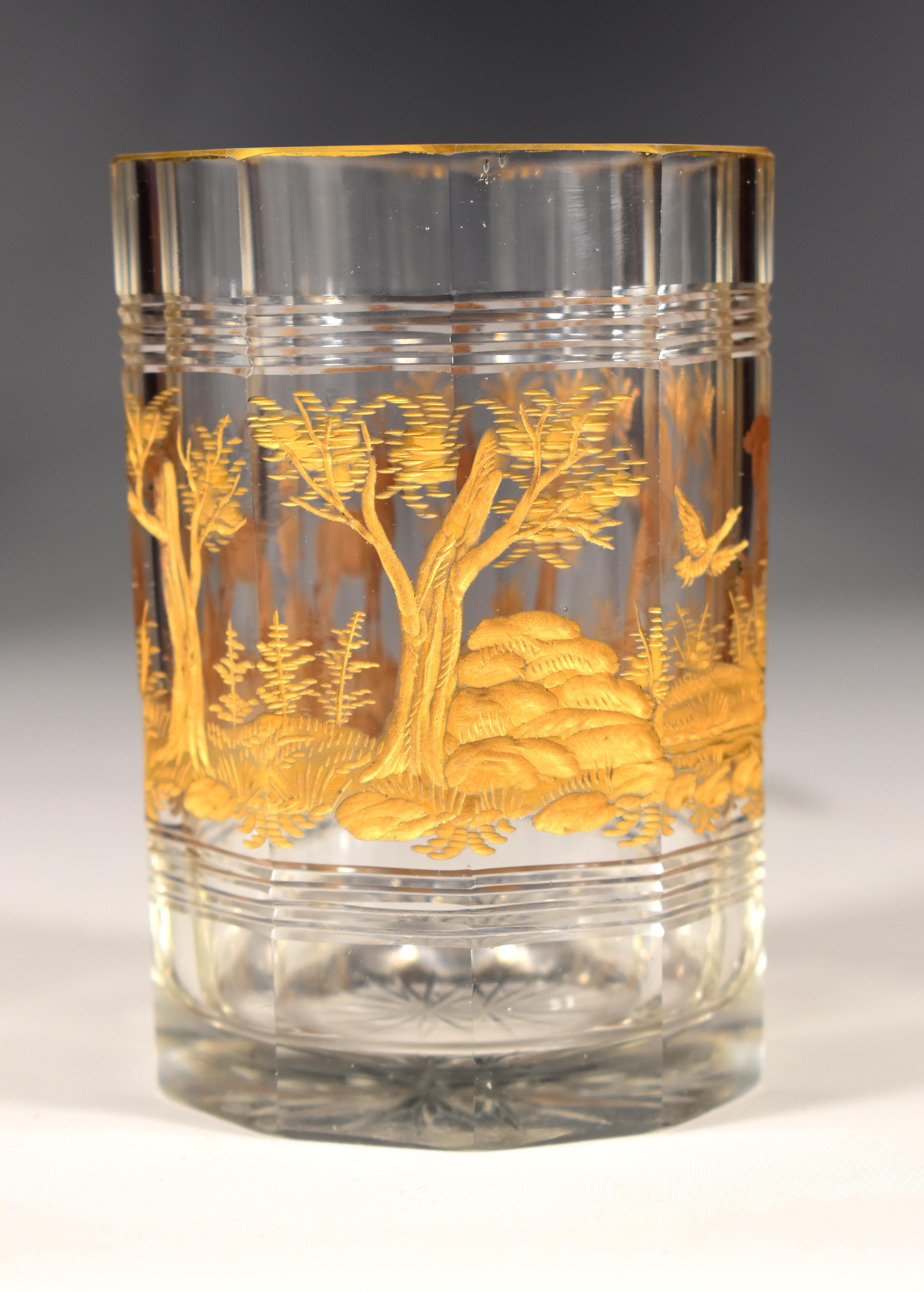 Gilded Vase + Two Gilded Glasses - Hunting motif. 20th century For Sale 4