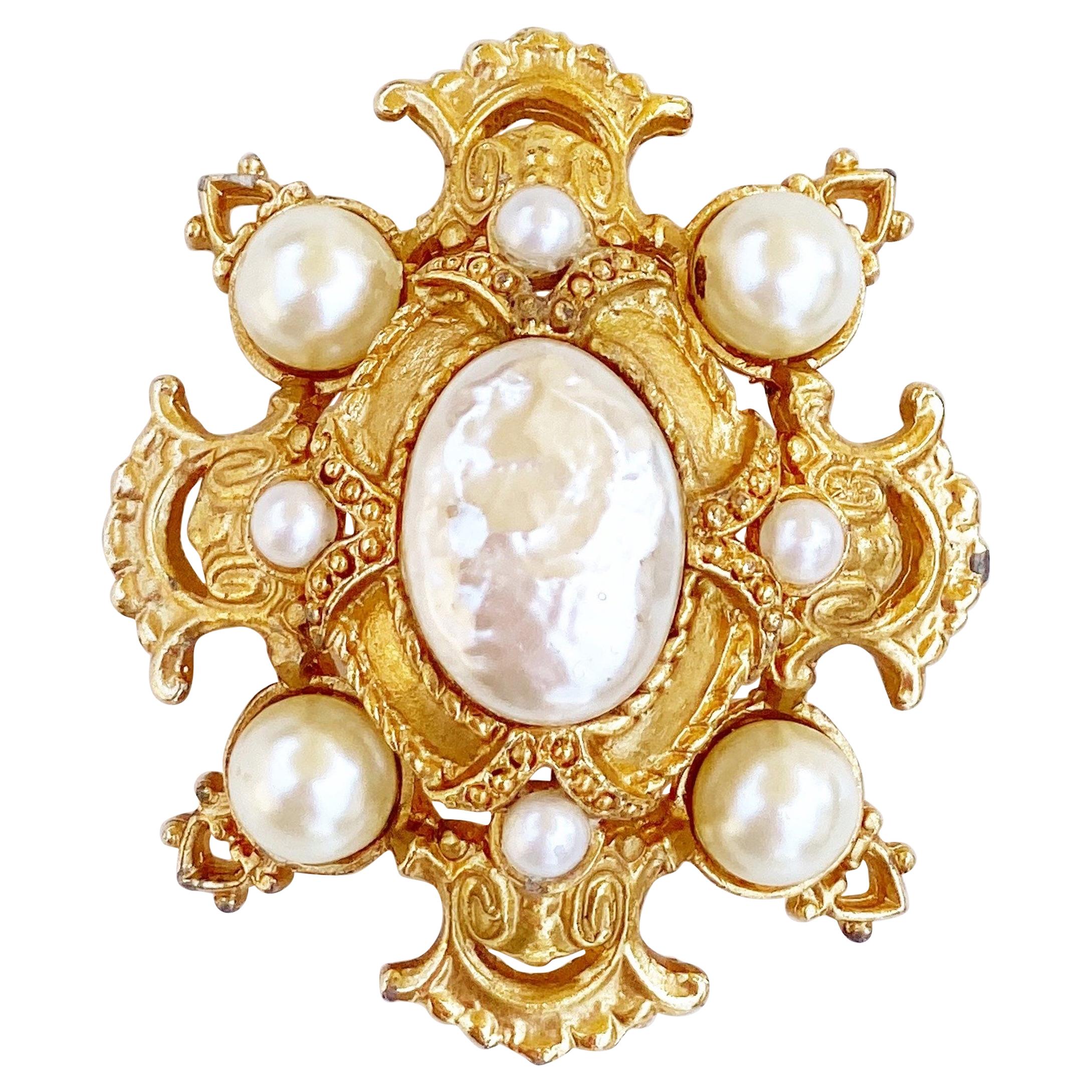 Gilded Victorian Revival Baroque Pearl Brooch, 1960s