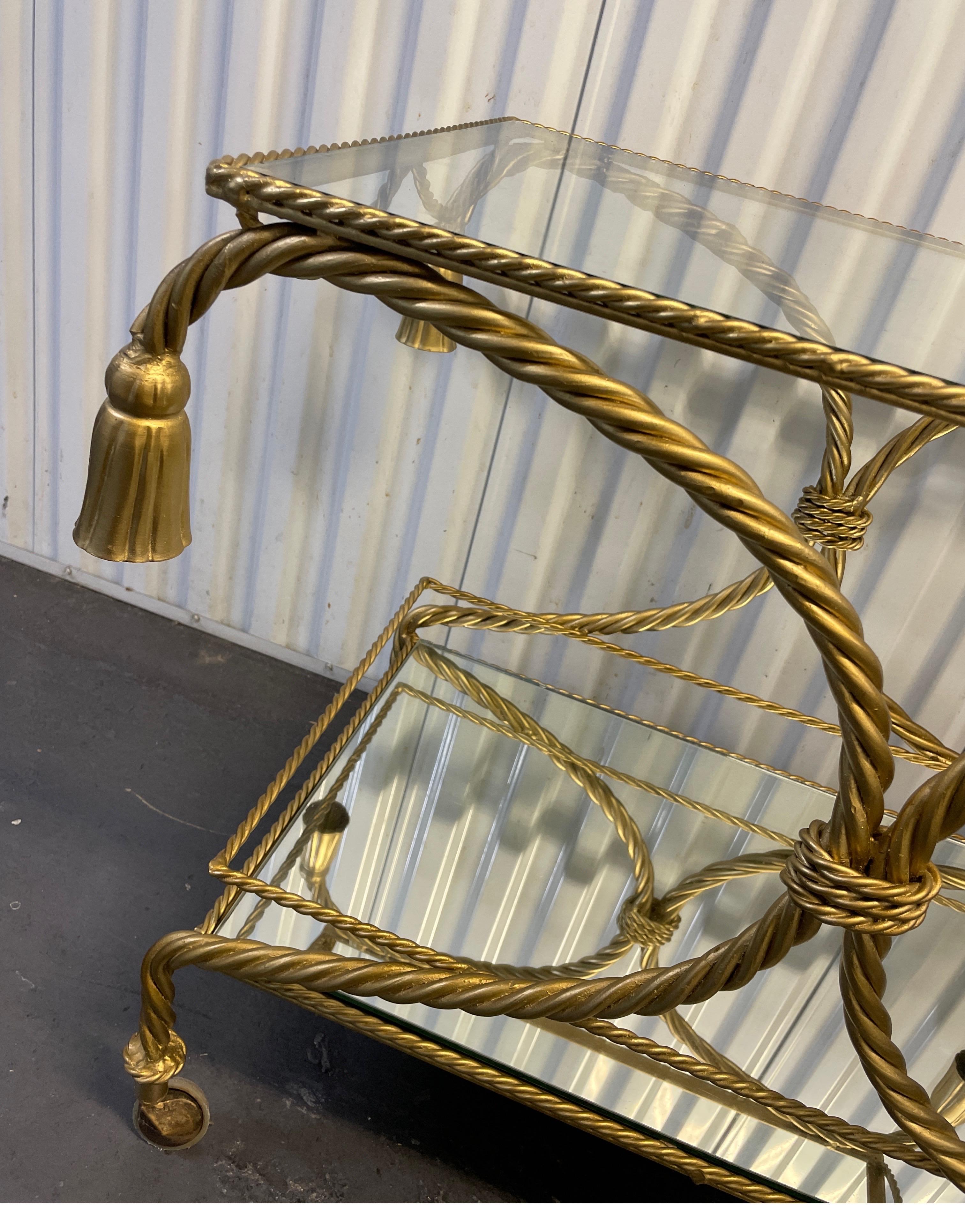 Gilded Vintage Italian Rope & Tassel Bar Cart In Good Condition For Sale In West Palm Beach, FL