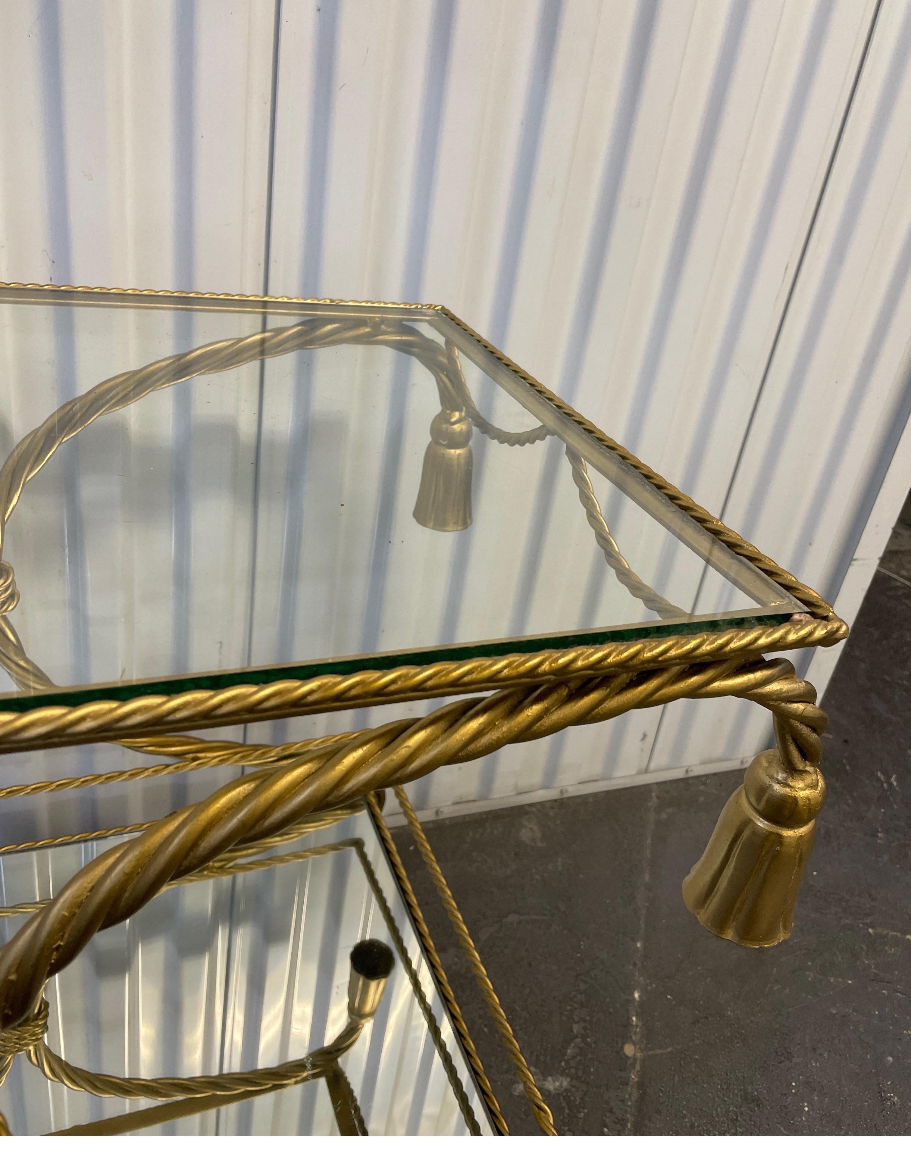 Gilded Vintage Italian Rope & Tassel Bar Cart For Sale 1
