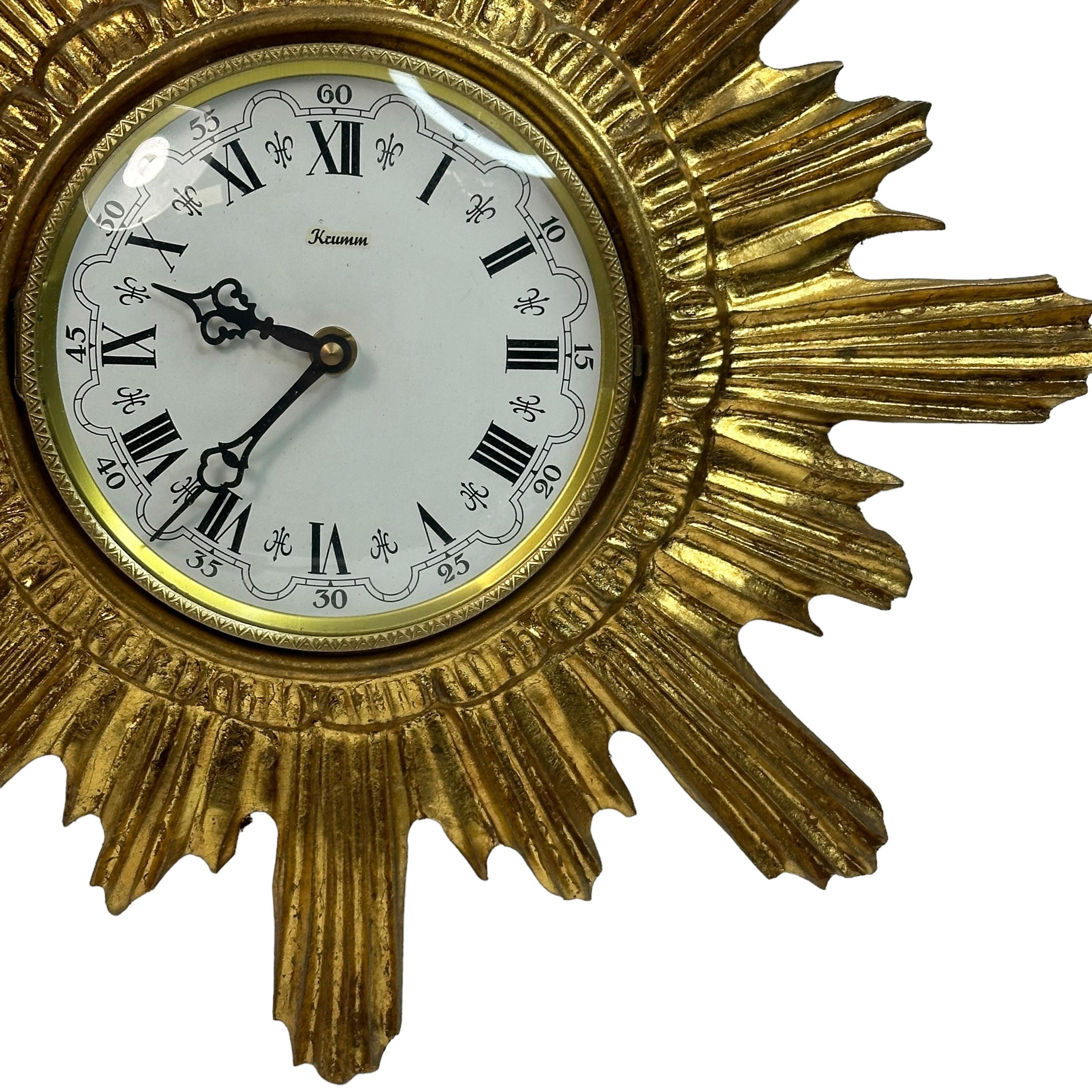 Mid-Century Modern Gilded Vintage Mid-Century Sunburst Starburst Wall Clock, Germany, 1960s For Sale