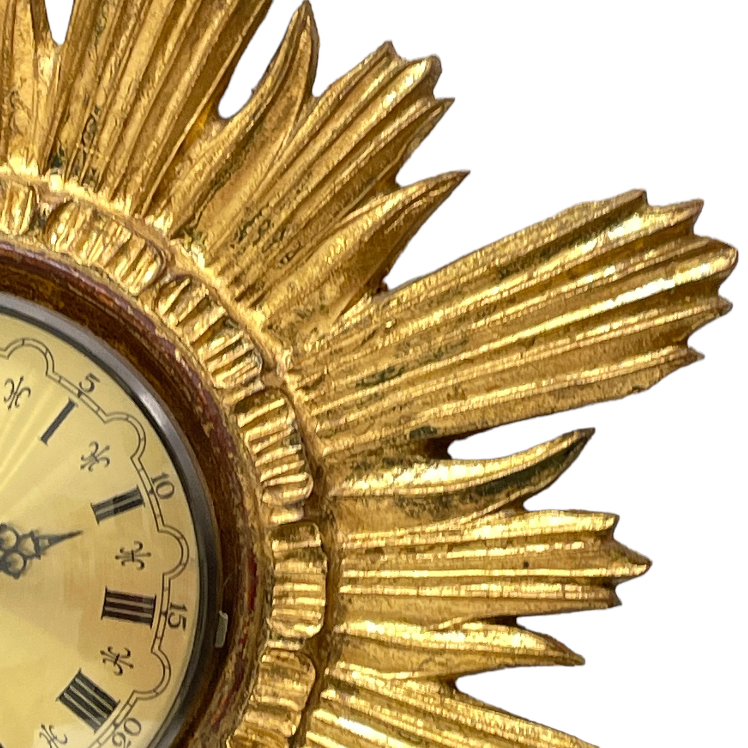 Gilded Vintage MidCentury Sunburst Starburst Wall Clock, Germany