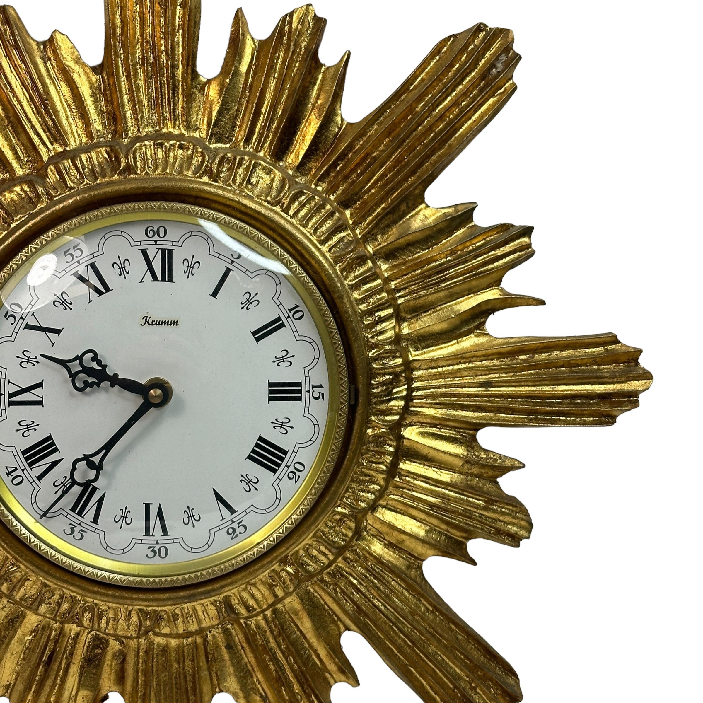 Gilt Gilded Vintage Mid-Century Sunburst Starburst Wall Clock, Germany, 1960s For Sale