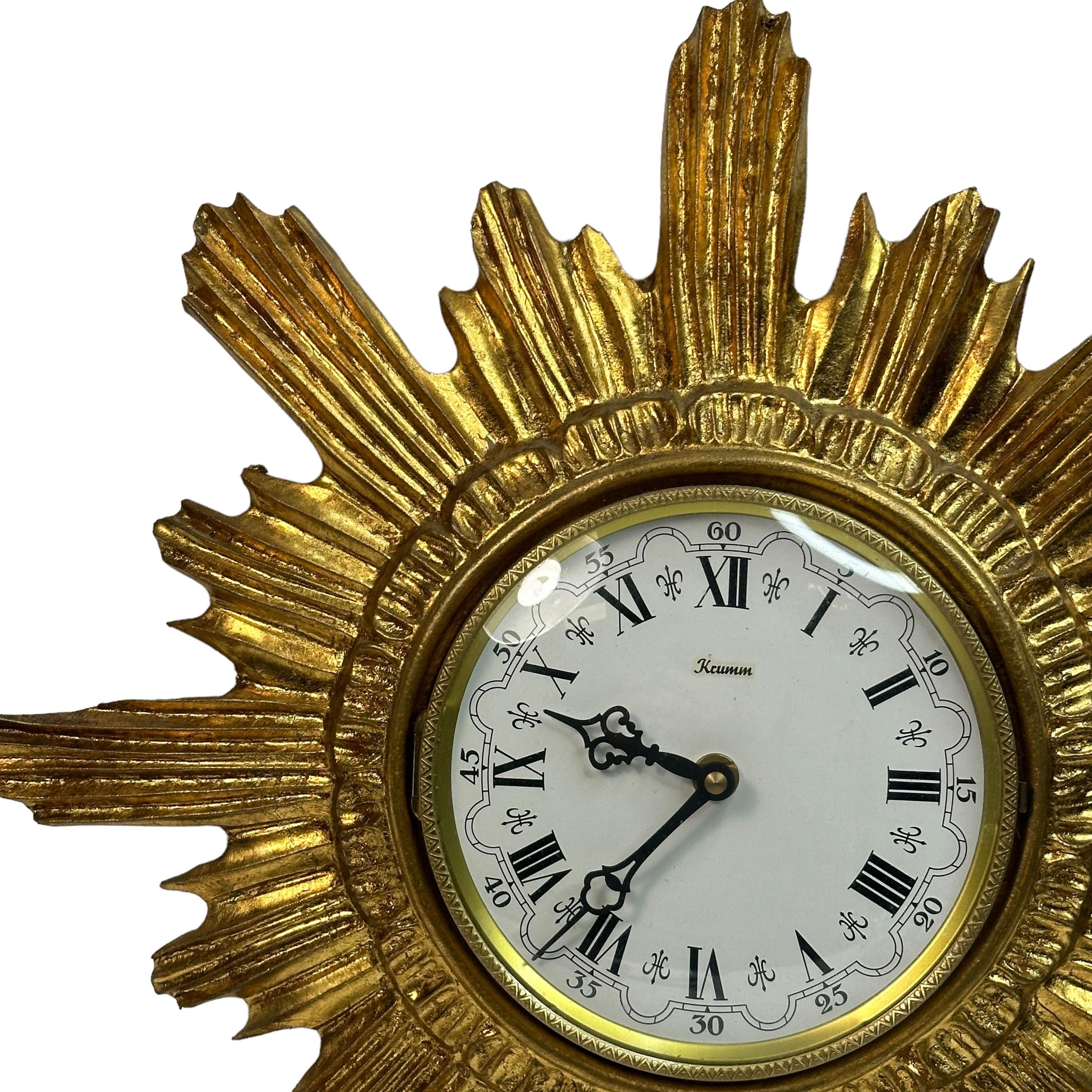 Mid-20th Century Gilded Vintage Mid-Century Sunburst Starburst Wall Clock, Germany, 1960s For Sale
