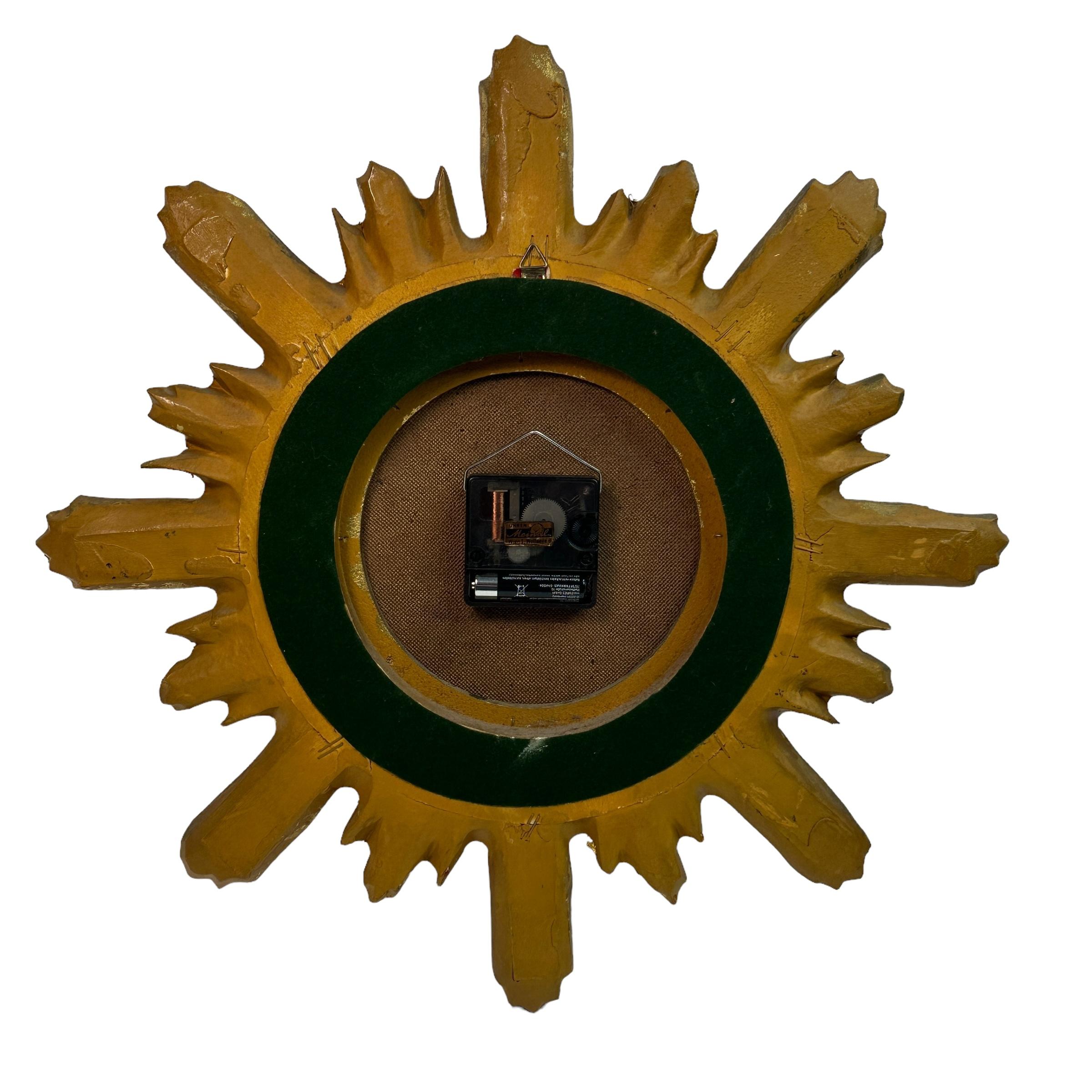 Gilded Vintage Mid-Century Sunburst Starburst Wall Clock, Germany, 1960s For Sale 1