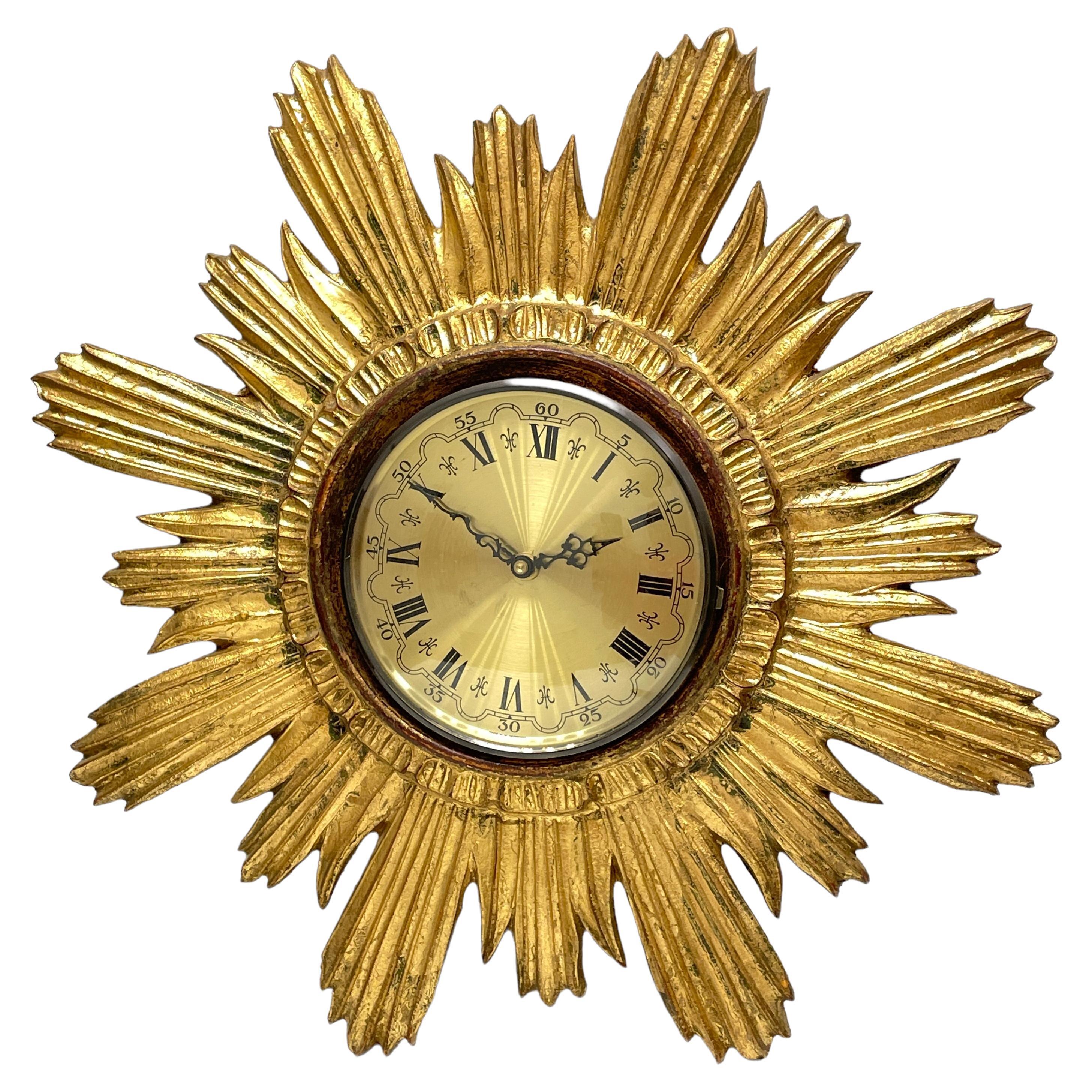 Gilded Vintage Mid-Century Sunburst Starburst Wall Clock, Germany, 1960s